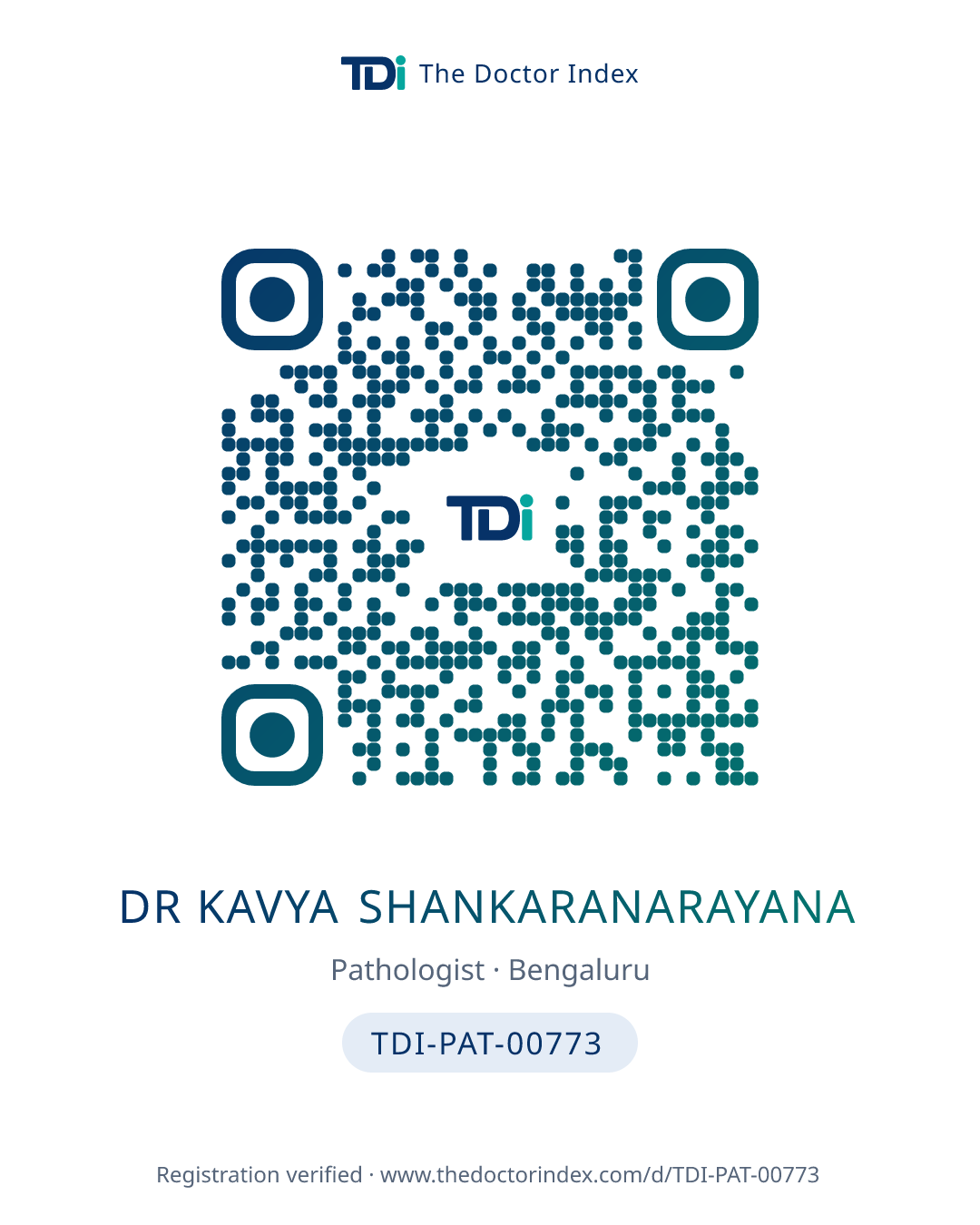 QR card for Dr Kavya Shankaranarayana, TDI-PAT-00773
