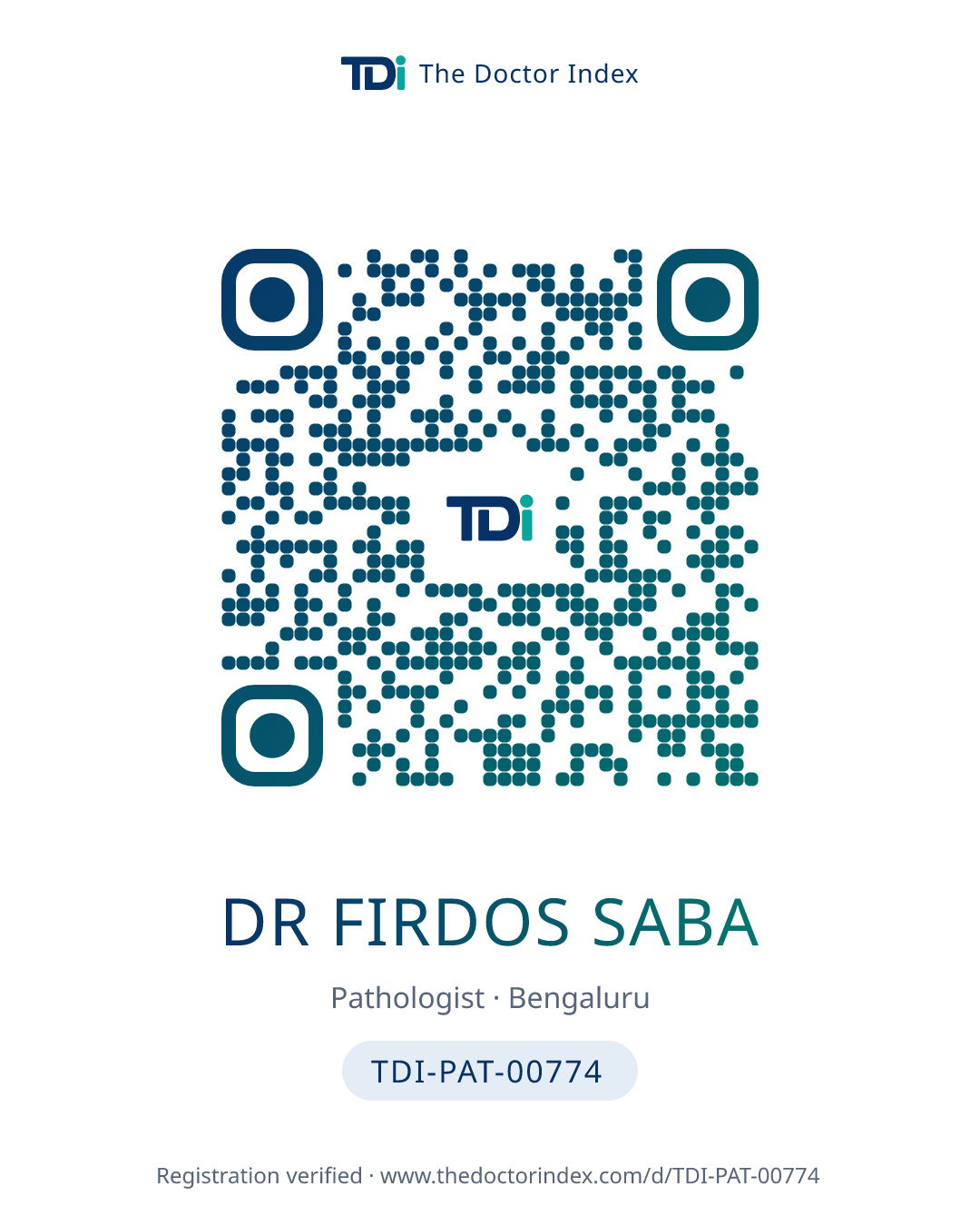QR card for Dr Firdos Saba, TDI-PAT-00774
