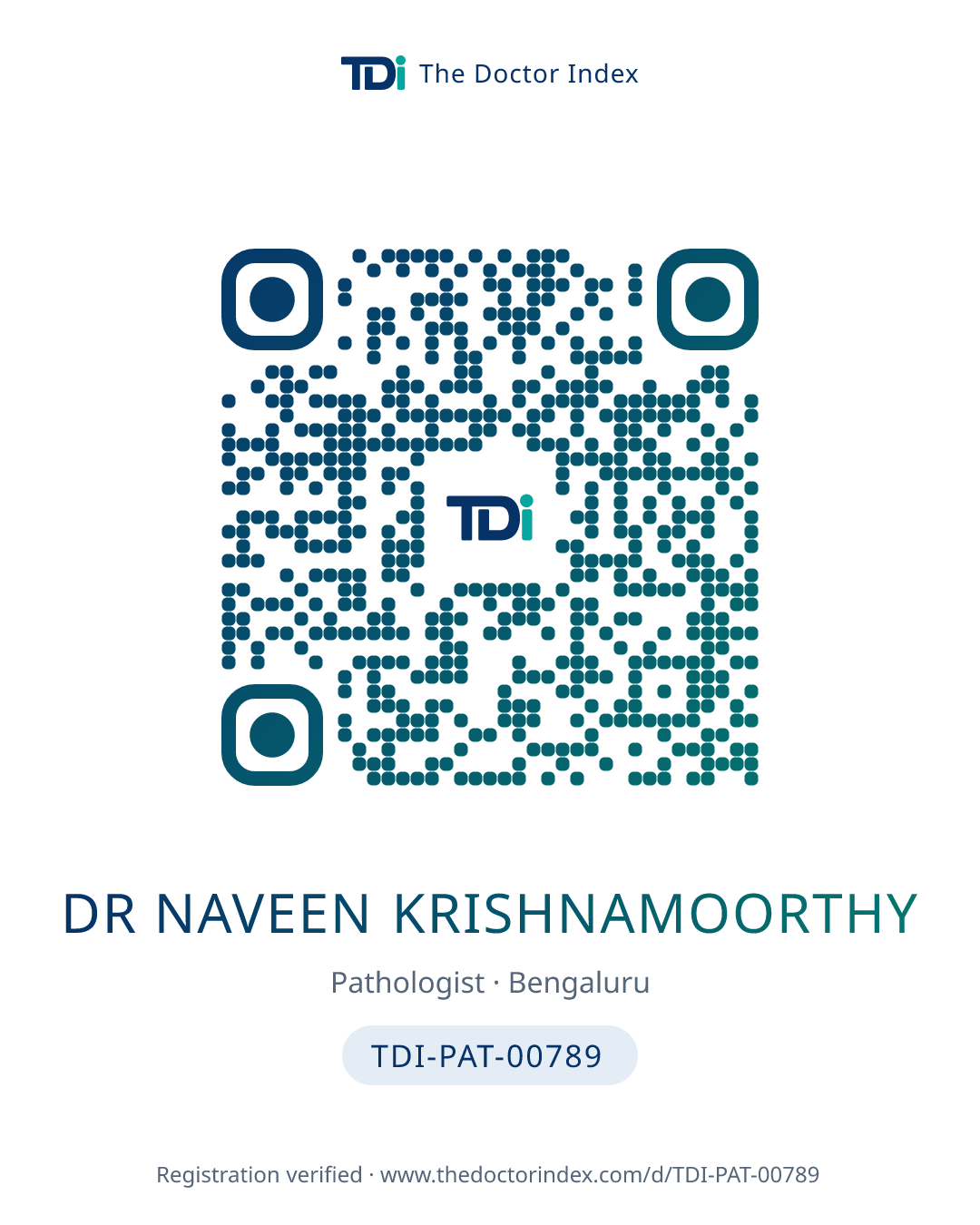 QR card for Dr Naveen Krishnamoorthy, TDI-PAT-00789