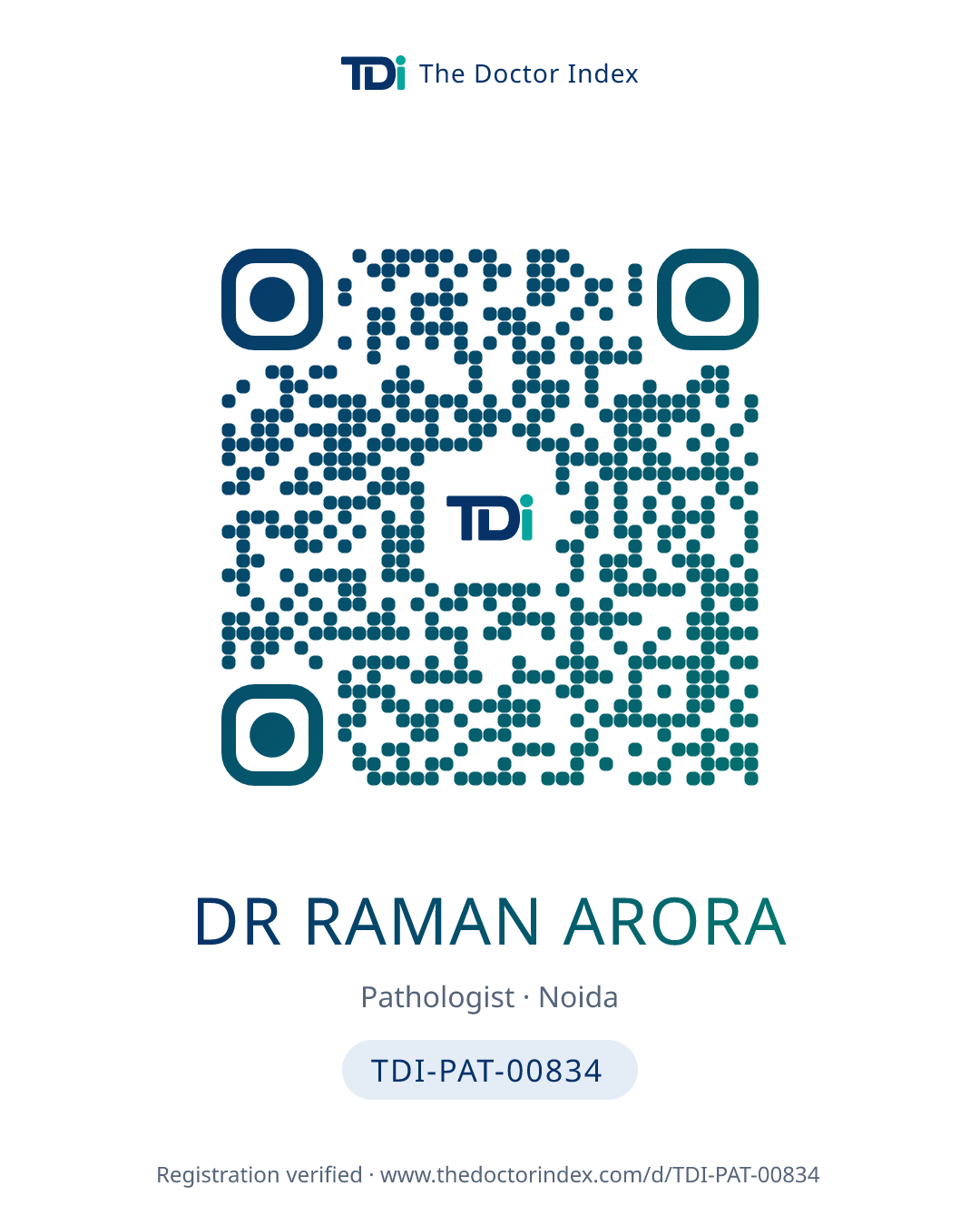QR card for Dr Raman Arora, TDI-PAT-00834