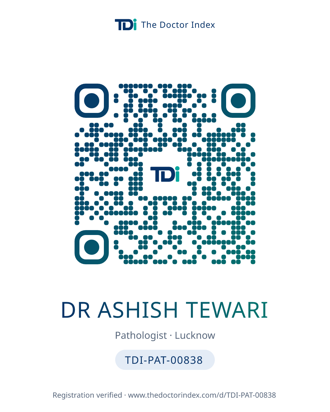 QR card for Dr Ashish Tewari, TDI-PAT-00838