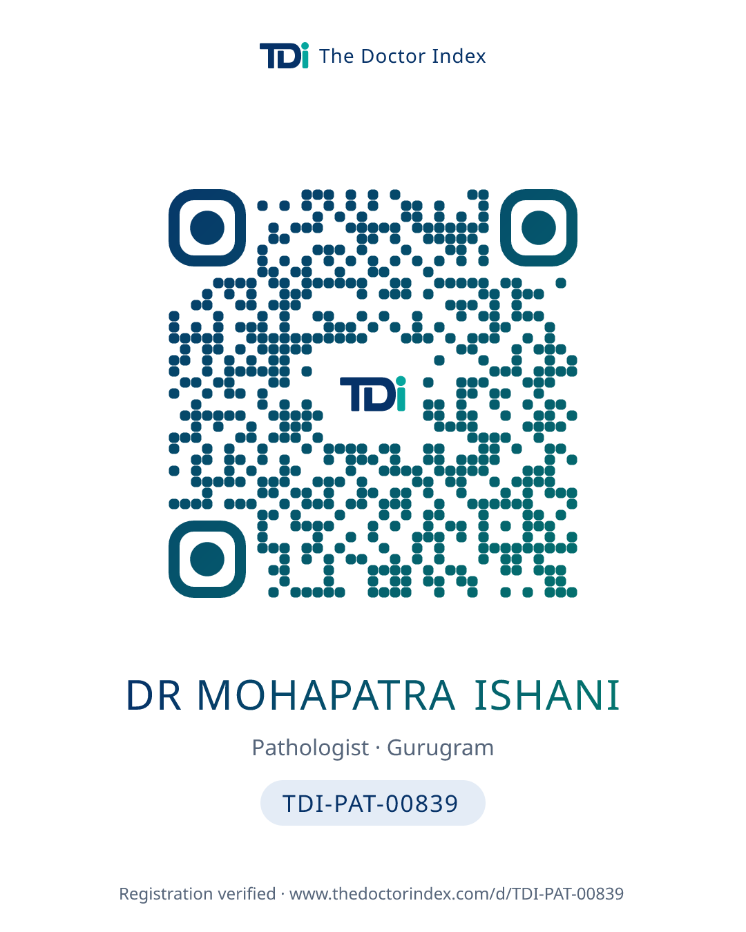 QR card for Dr Mohapatra Ishani, TDI-PAT-00839