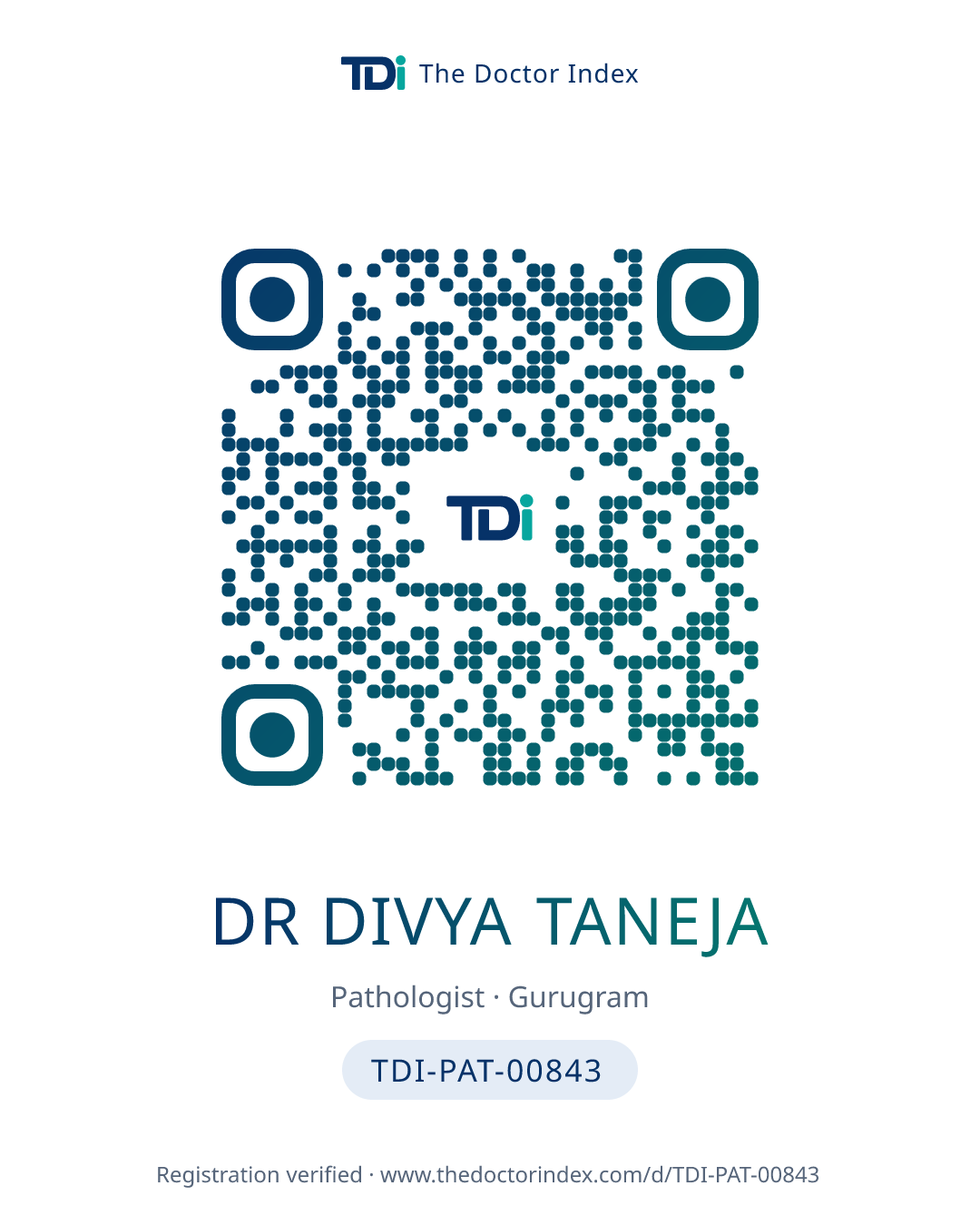 QR card for Dr Divya Taneja, TDI-PAT-00843