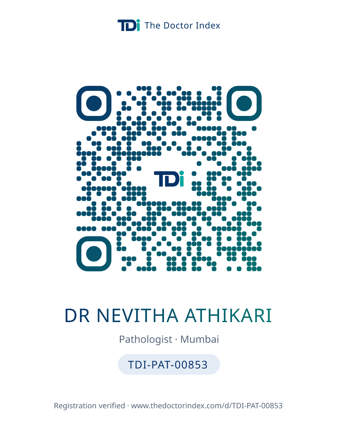 QR card for Dr Nevitha Athikari, TDI-PAT-00853