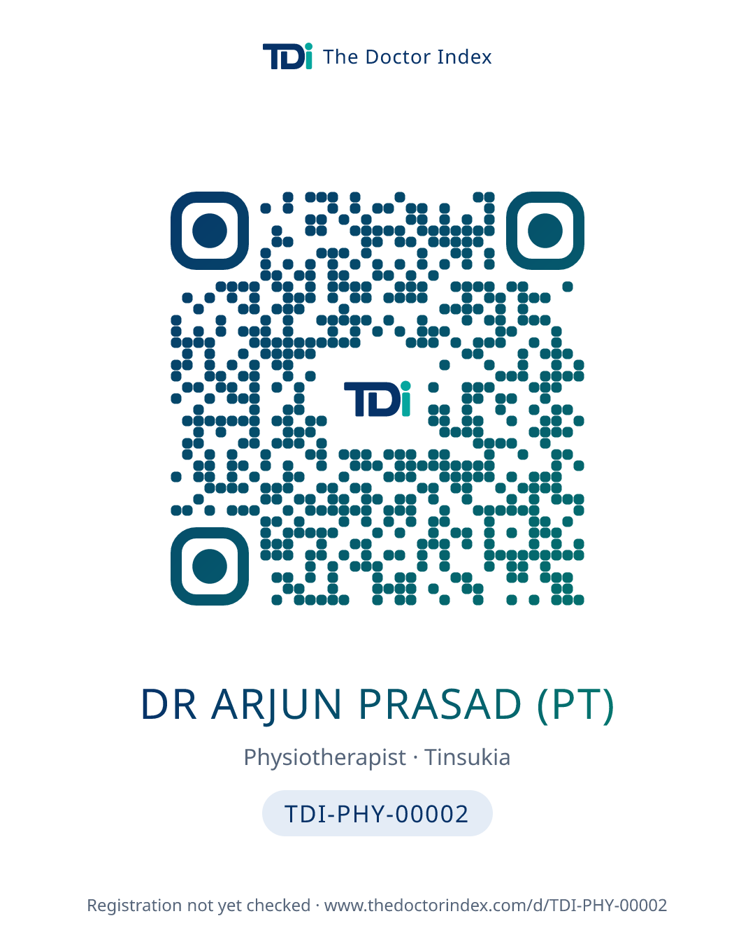 QR card for Dr Arjun Prasad (PT), TDI-PHY-00002