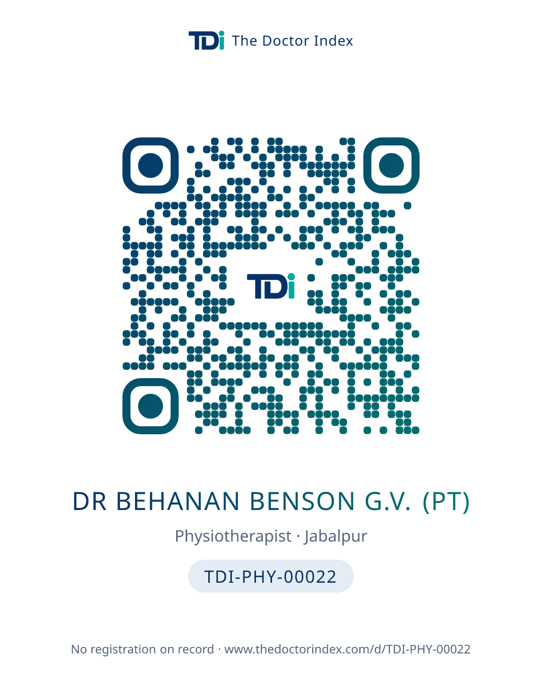 QR card for Dr Behanan Benson G.V. (PT), TDI-PHY-00022