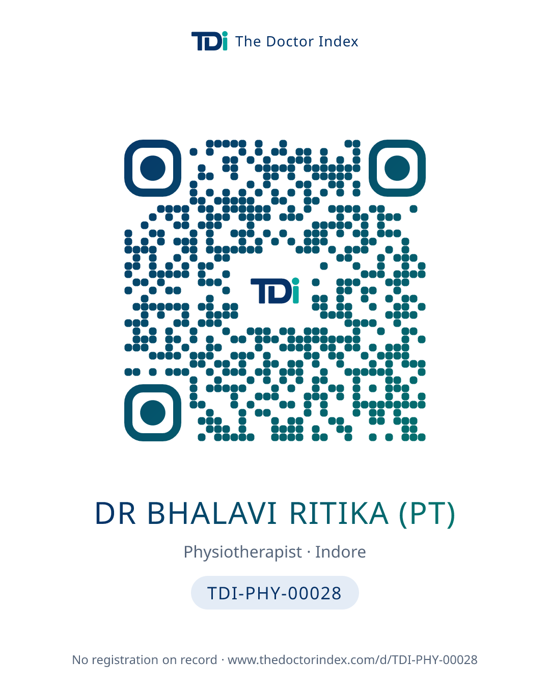 QR card for Dr Bhalavi Ritika (PT), TDI-PHY-00028