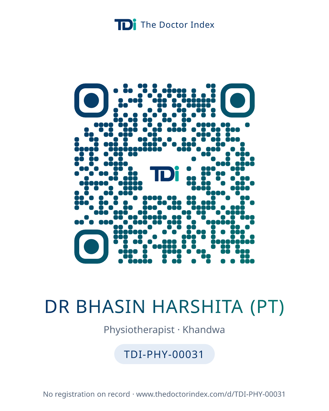 QR card for Dr Bhasin Harshita (PT), TDI-PHY-00031