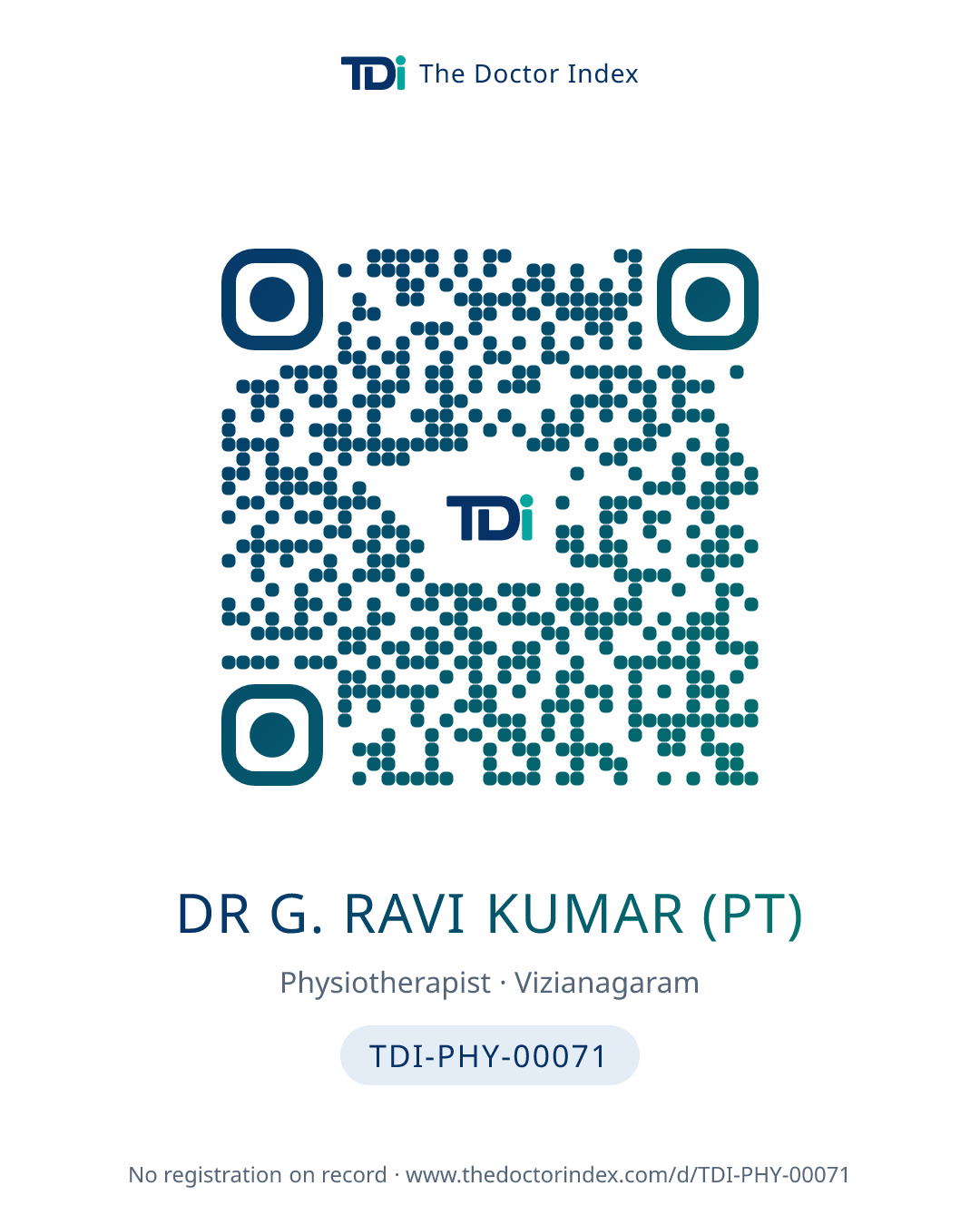 QR card for Dr G. Ravi Kumar (PT), TDI-PHY-00071