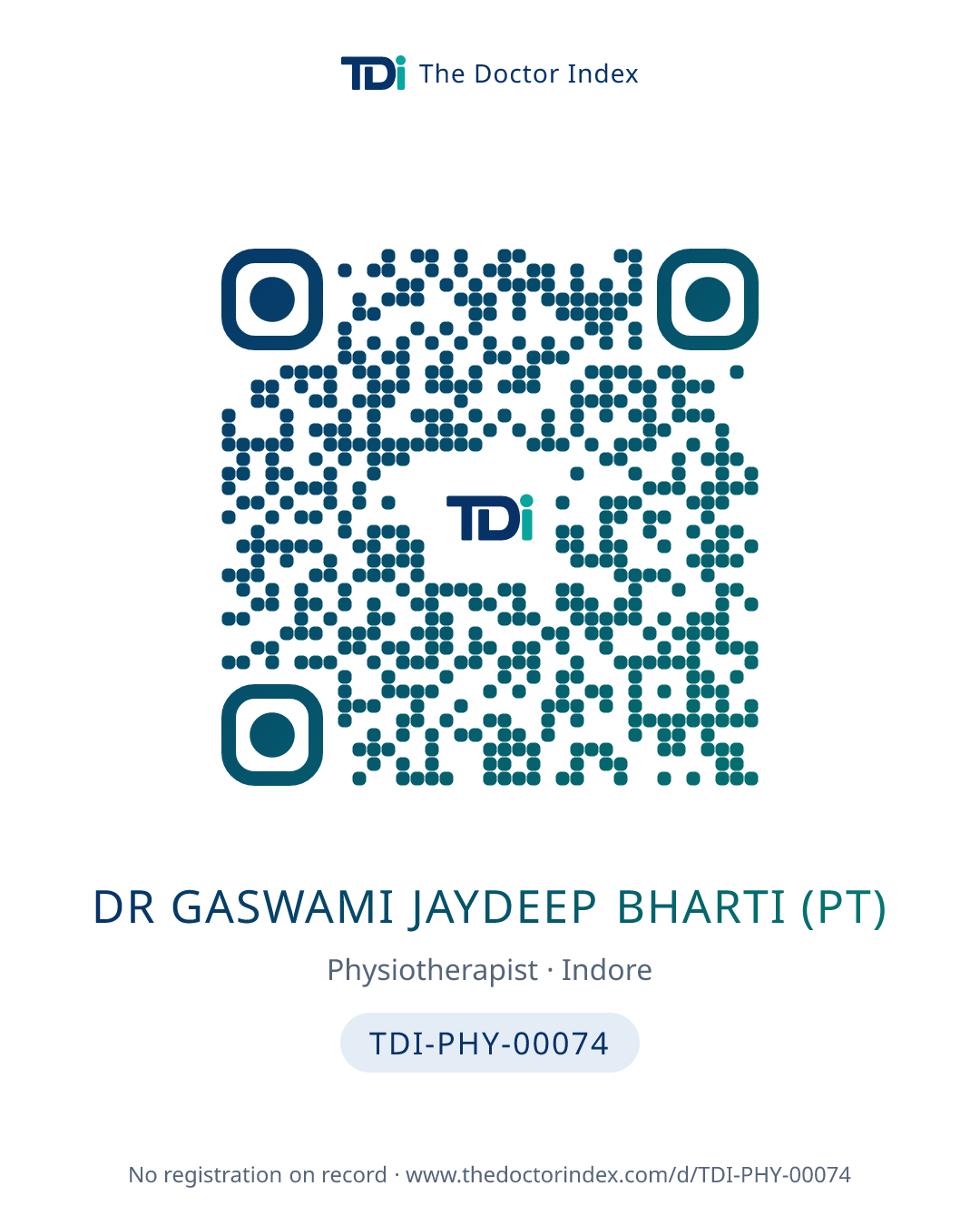 QR card for Dr Gaswami Jaydeep Bharti (PT), TDI-PHY-00074