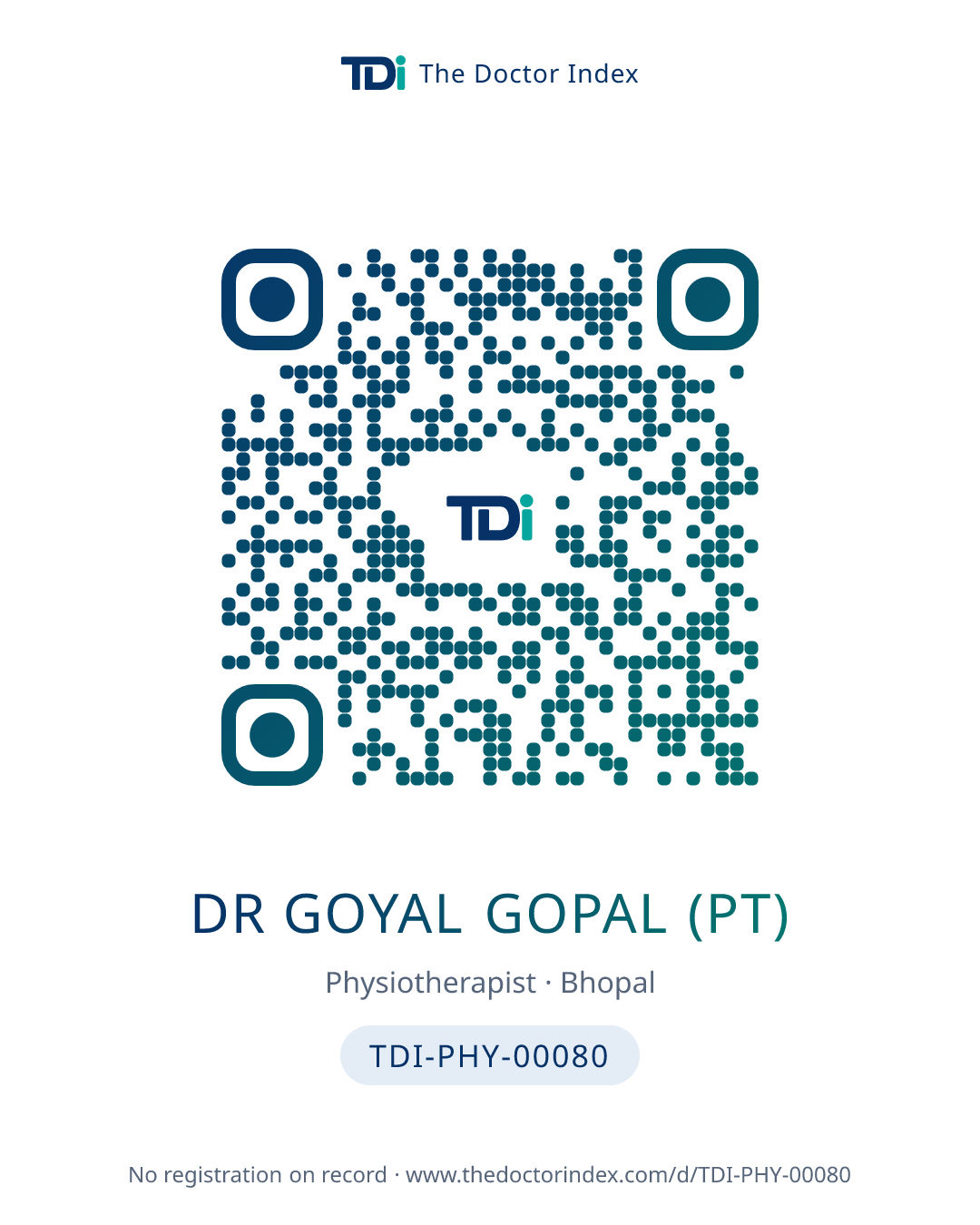 QR card for Dr Goyal Gopal (PT), TDI-PHY-00080