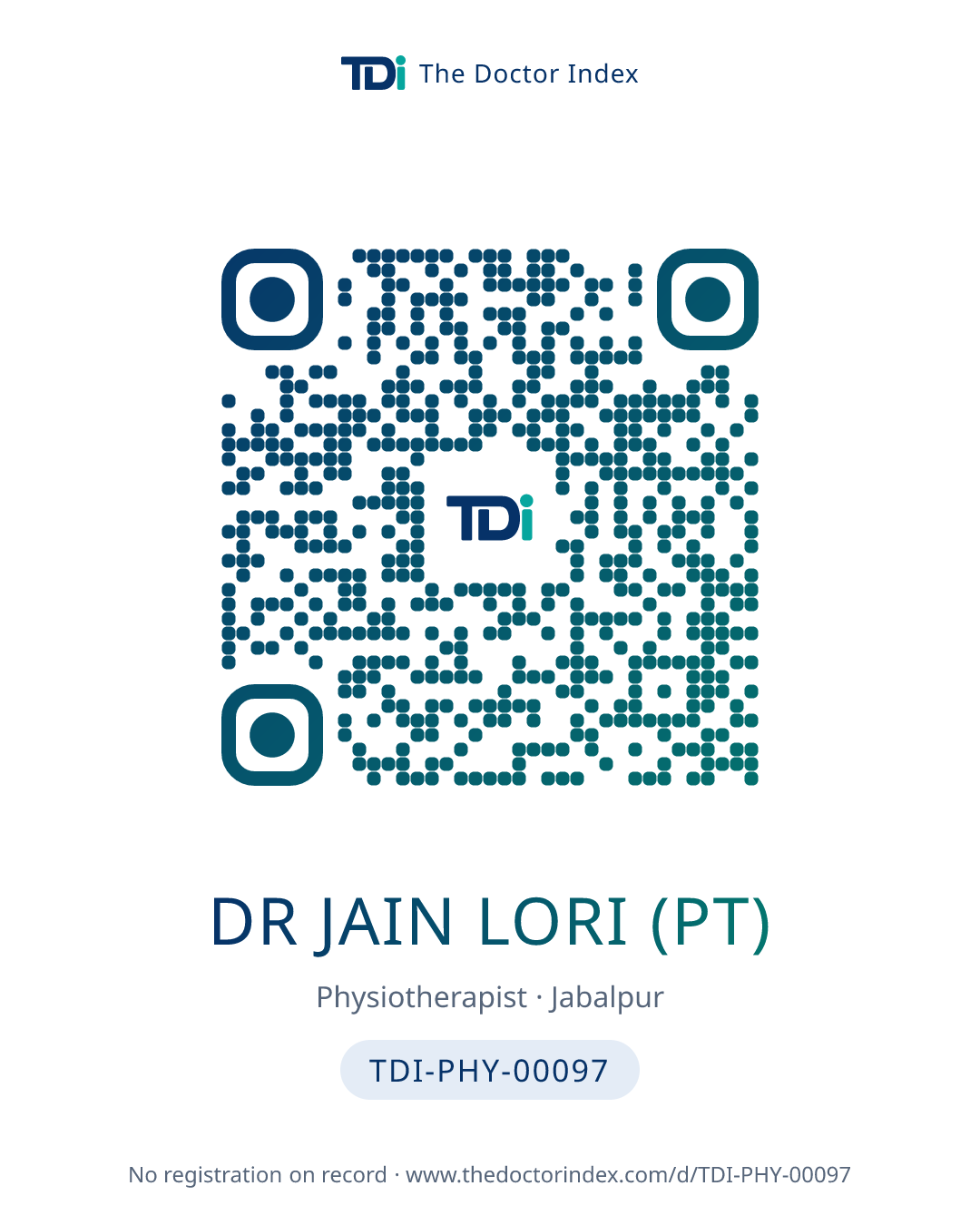 QR card for Dr Jain Lori (PT), TDI-PHY-00097