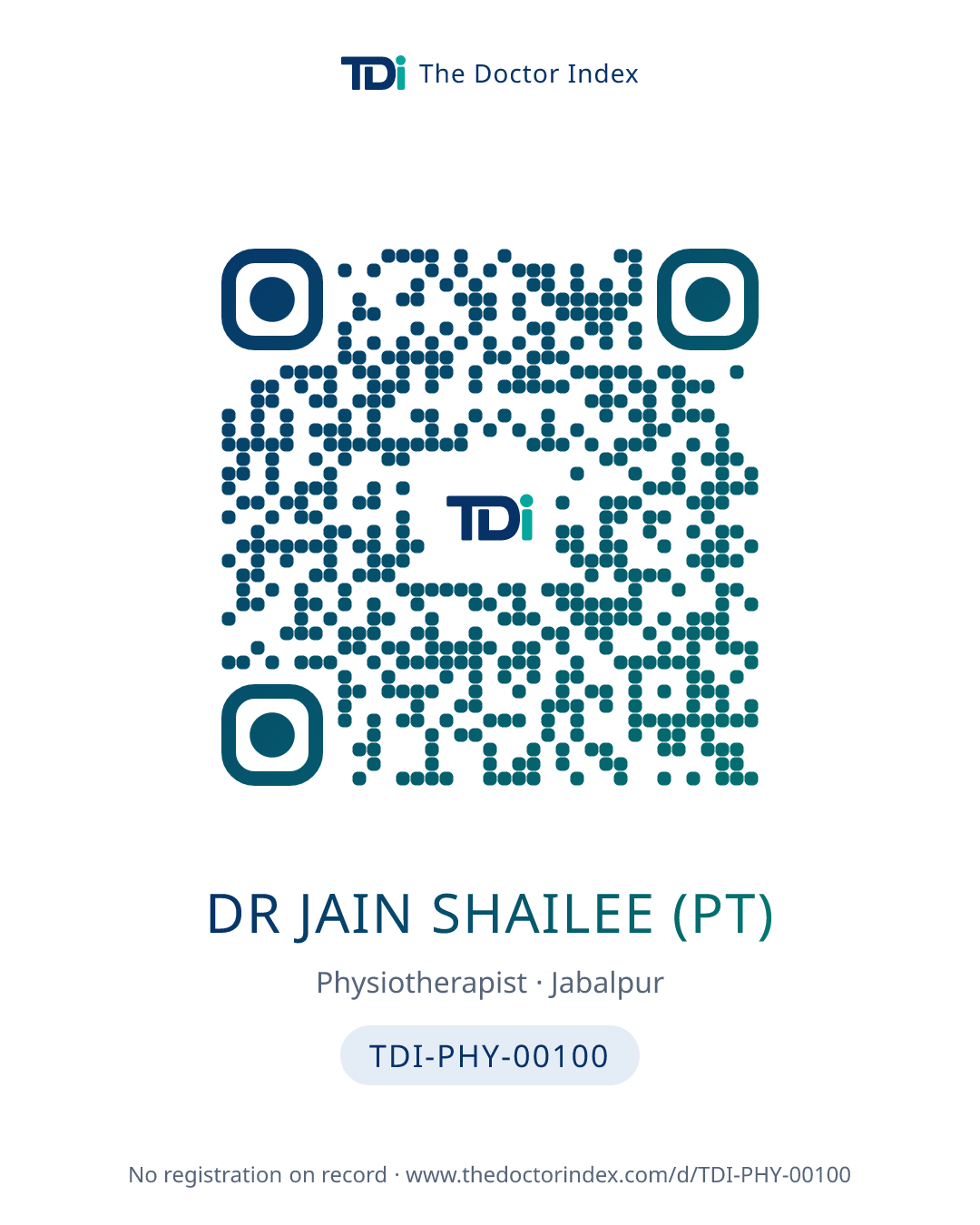 QR card for Dr Jain Shailee (PT), TDI-PHY-00100