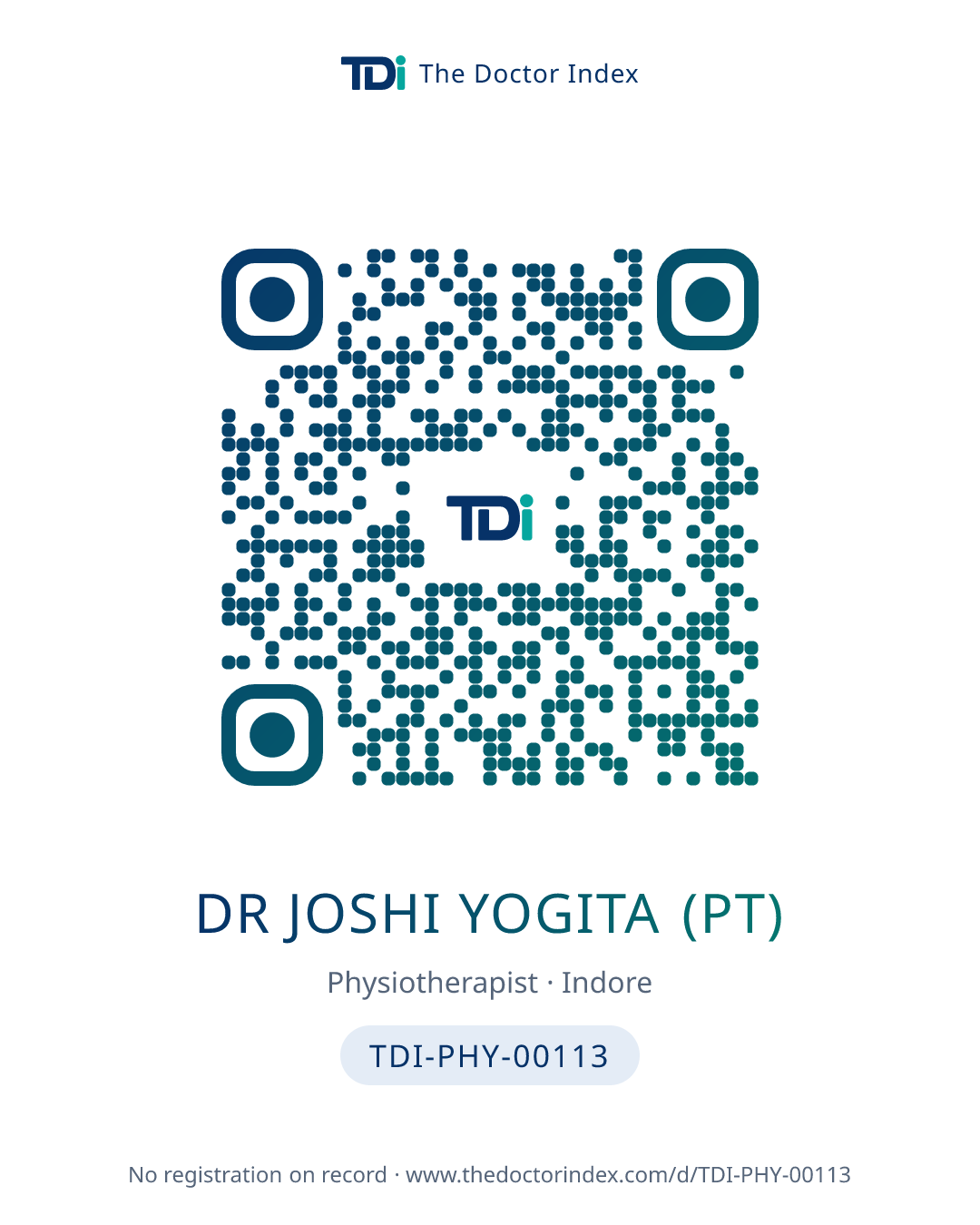 QR card for Dr Joshi Yogita (PT), TDI-PHY-00113