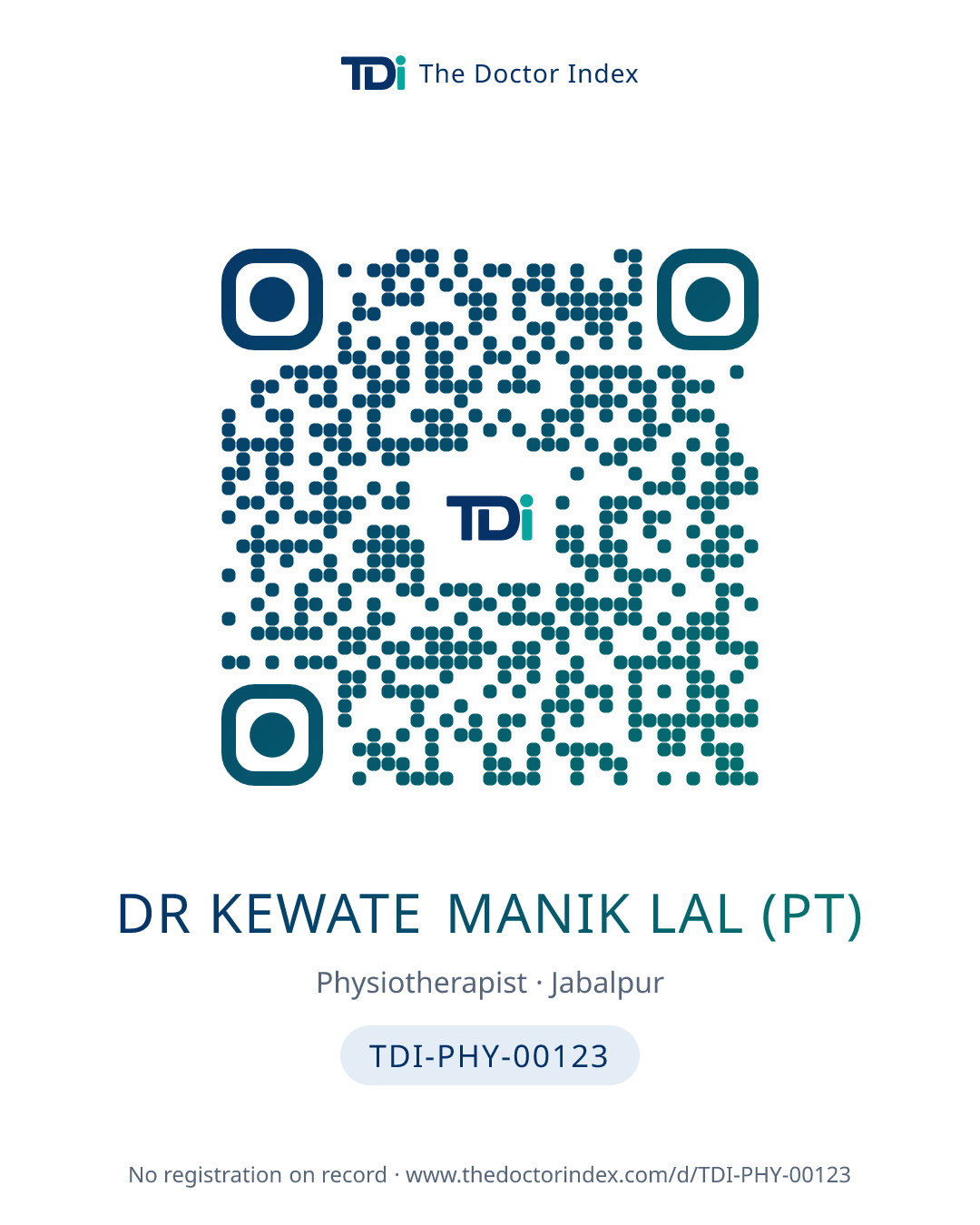 QR card for Dr Kewate Manik Lal (PT), TDI-PHY-00123