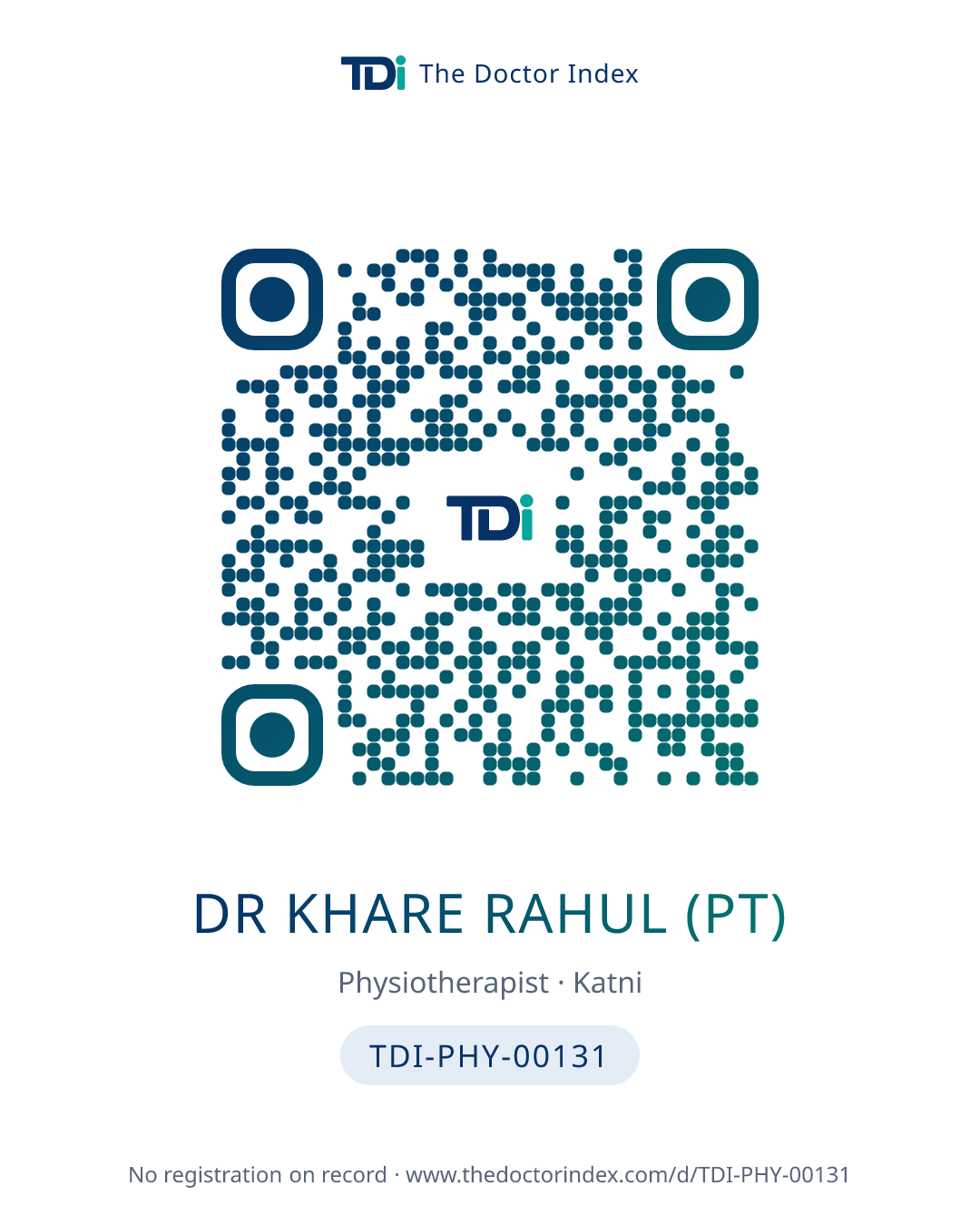 QR card for Dr Khare Rahul (PT), TDI-PHY-00131