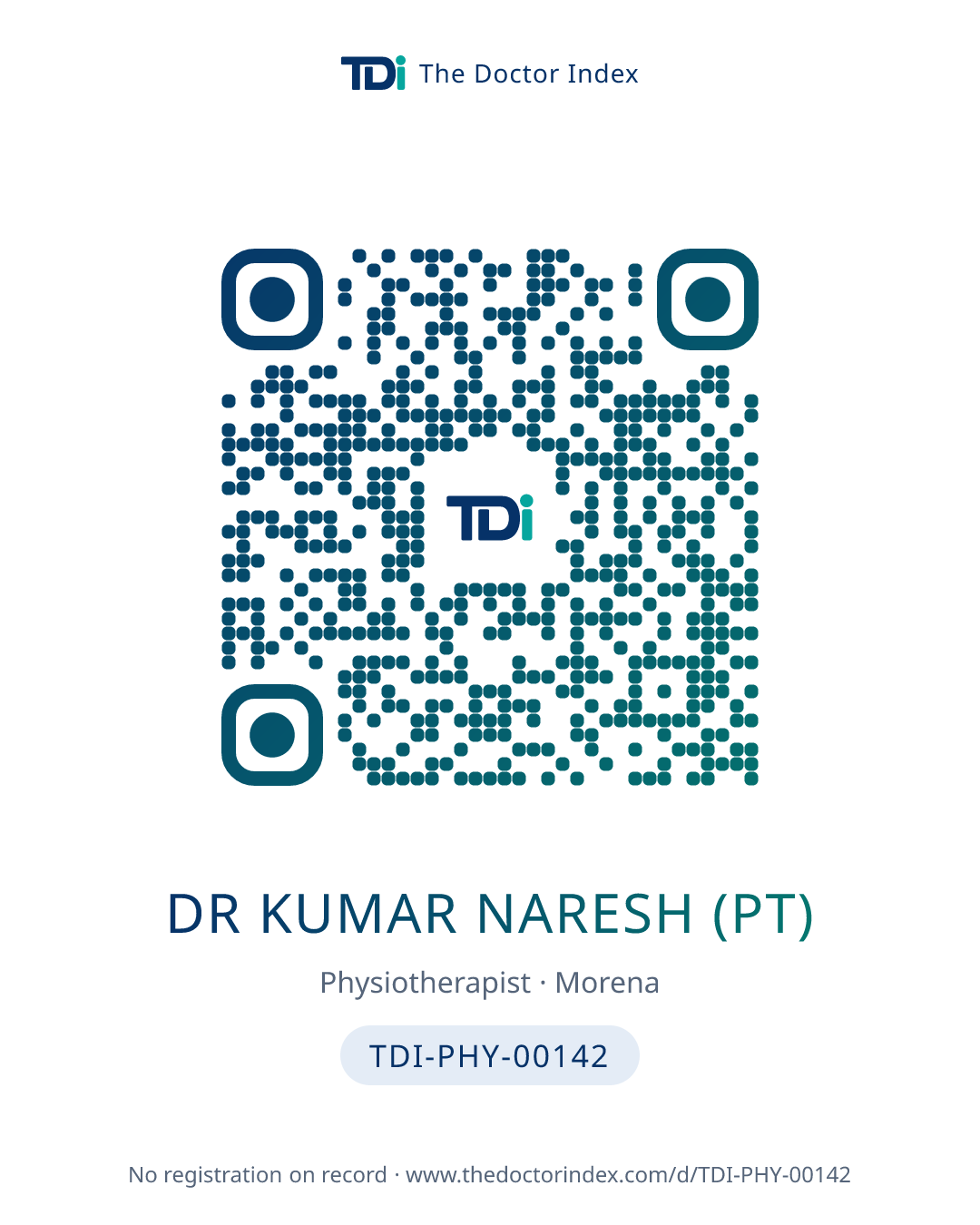 QR card for Dr Kumar Naresh (PT), TDI-PHY-00142