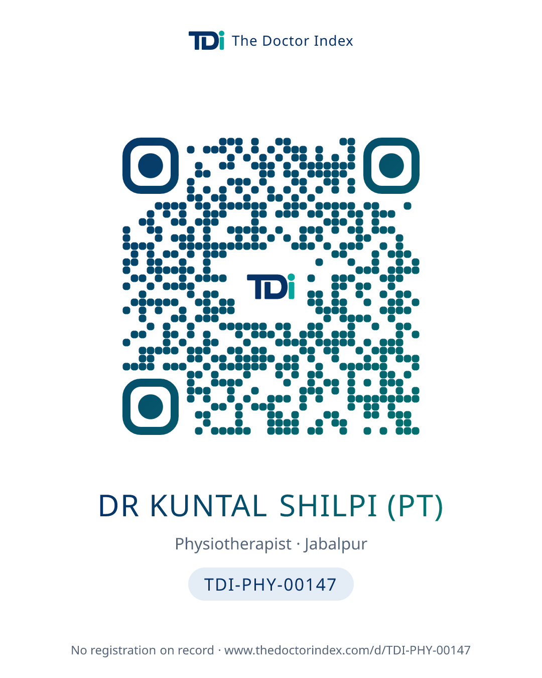 QR card for Dr Kuntal Shilpi (PT), TDI-PHY-00147
