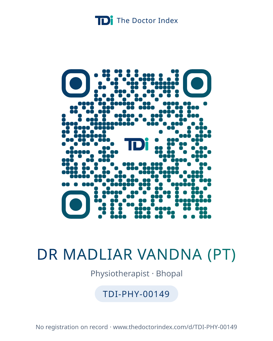 QR card for Dr Madliar Vandna (PT), TDI-PHY-00149