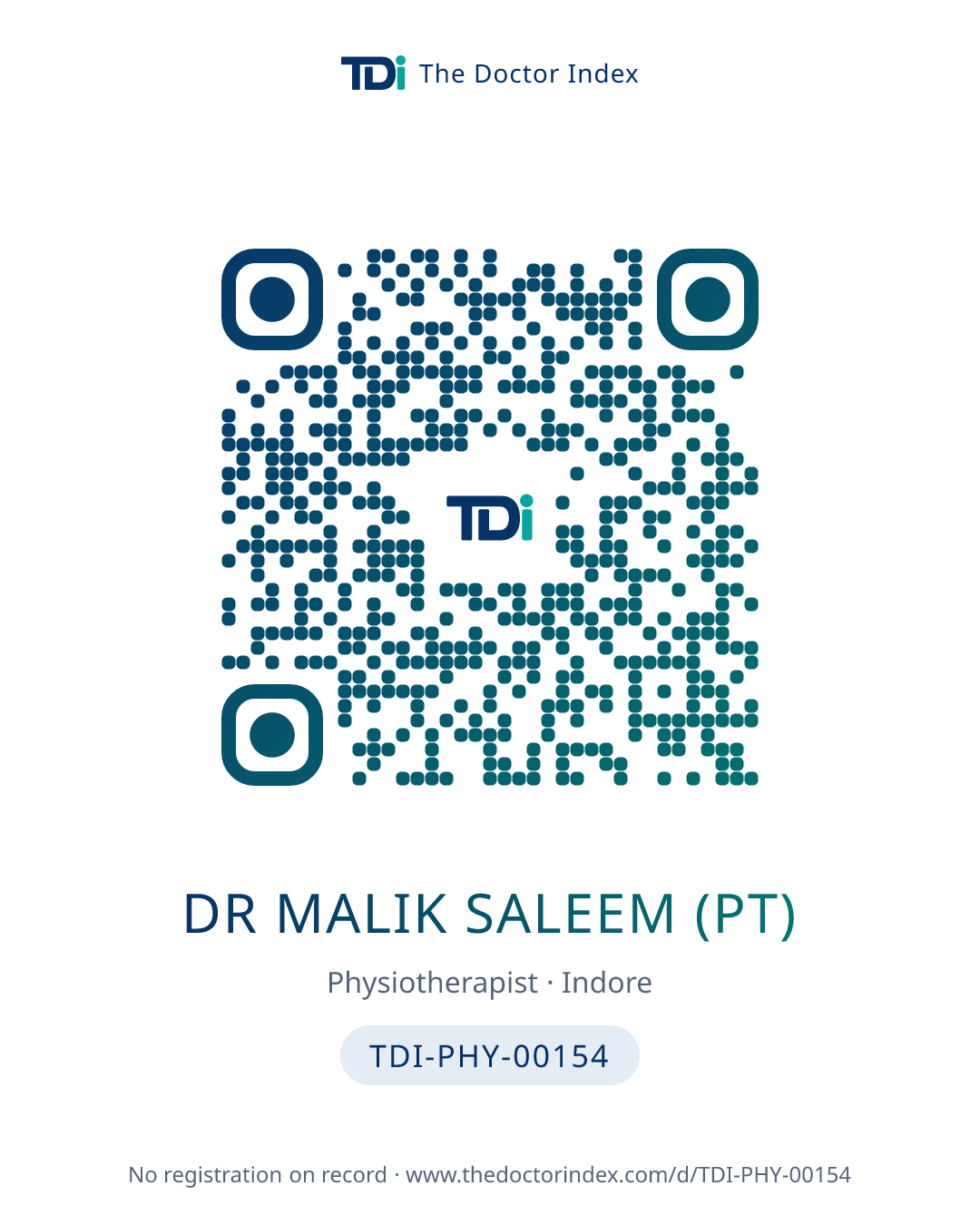 QR card for Dr Malik Saleem (PT), TDI-PHY-00154