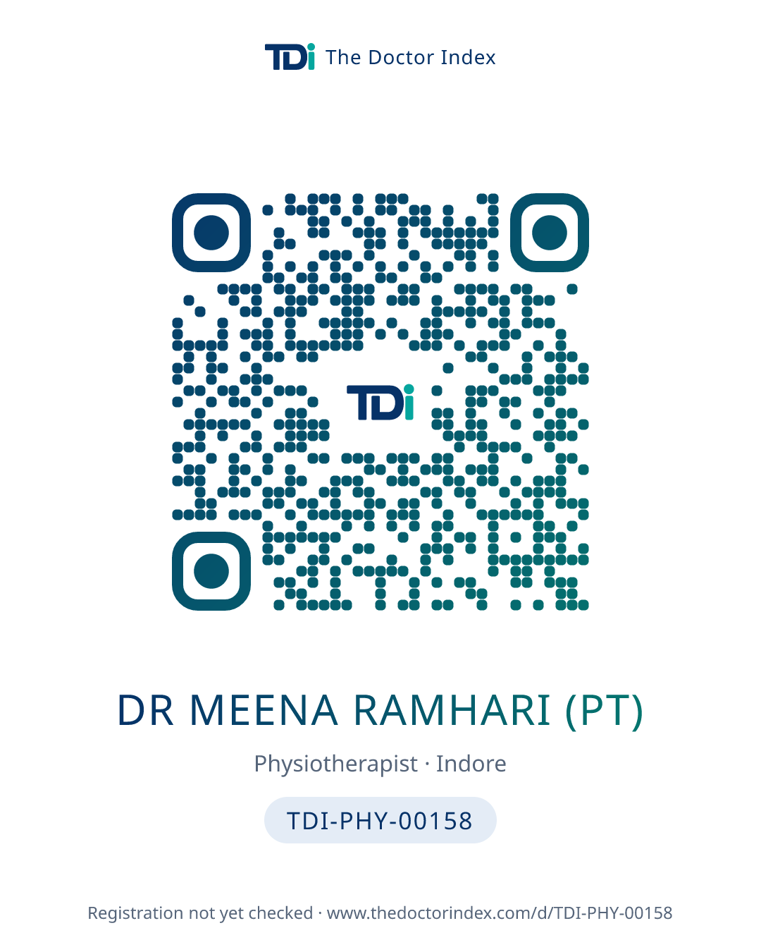 QR card for Dr Meena Ramhari (PT), TDI-PHY-00158