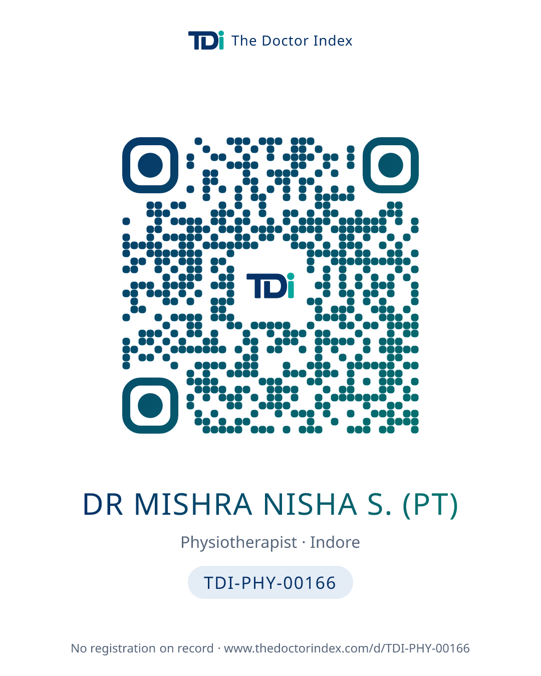 QR card for Dr Mishra Nisha S. (PT), TDI-PHY-00166