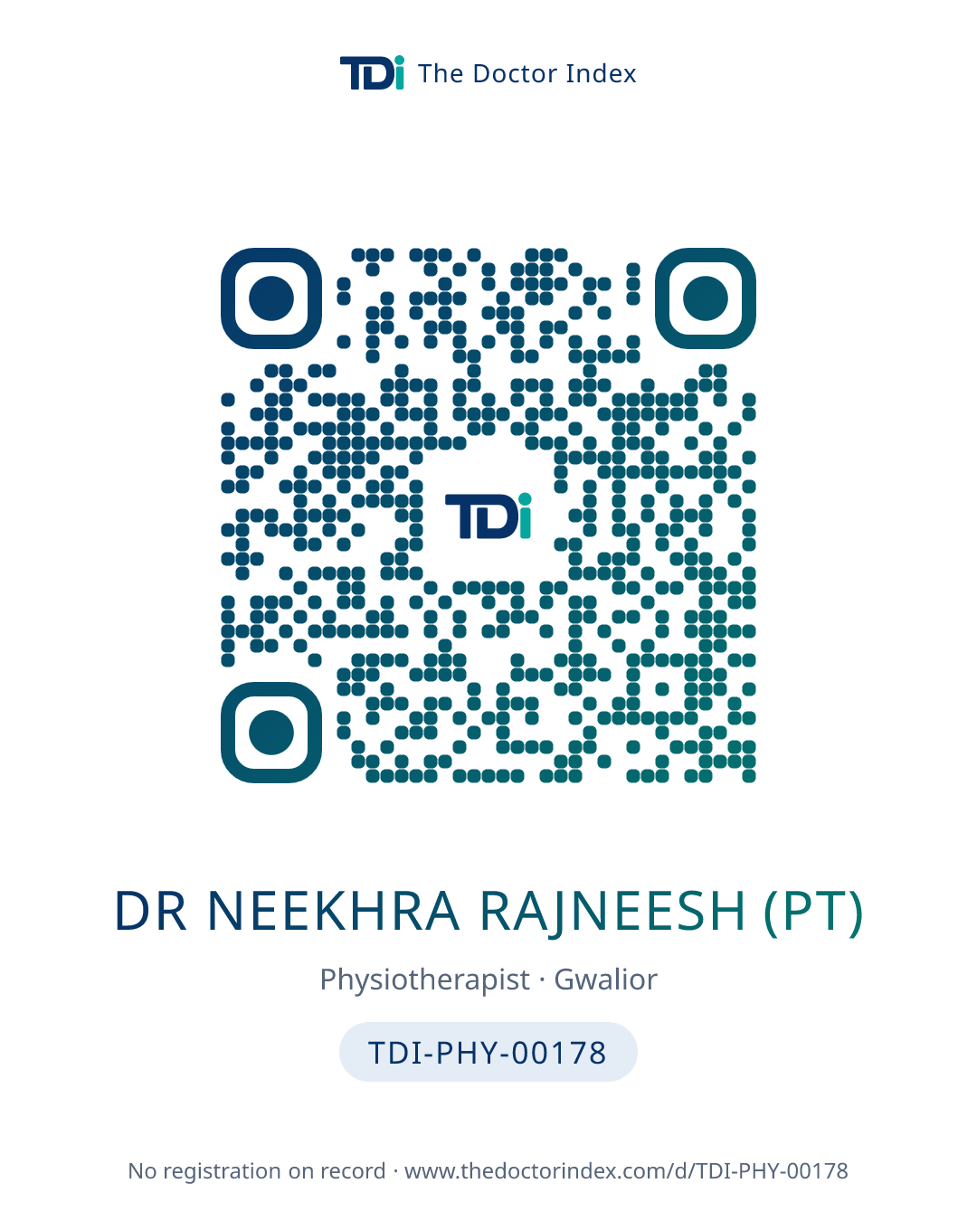 QR card for Dr Neekhra Rajneesh (PT), TDI-PHY-00178