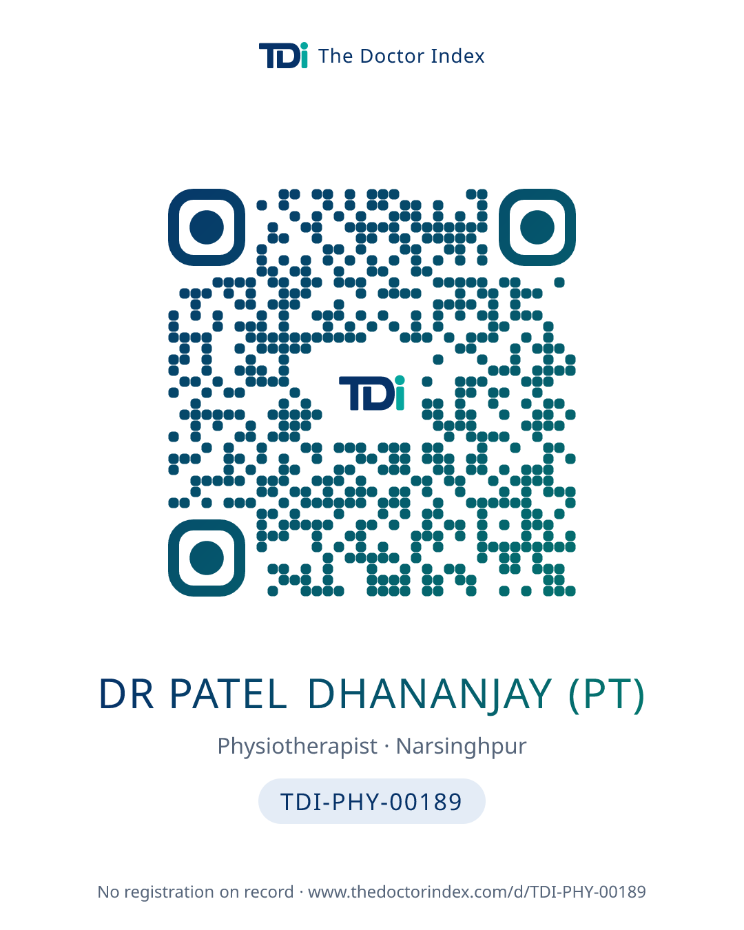 QR card for Dr Patel Dhananjay (PT), TDI-PHY-00189