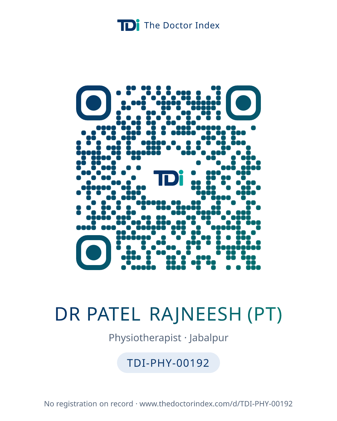 QR card for Dr Patel Rajneesh (PT), TDI-PHY-00192