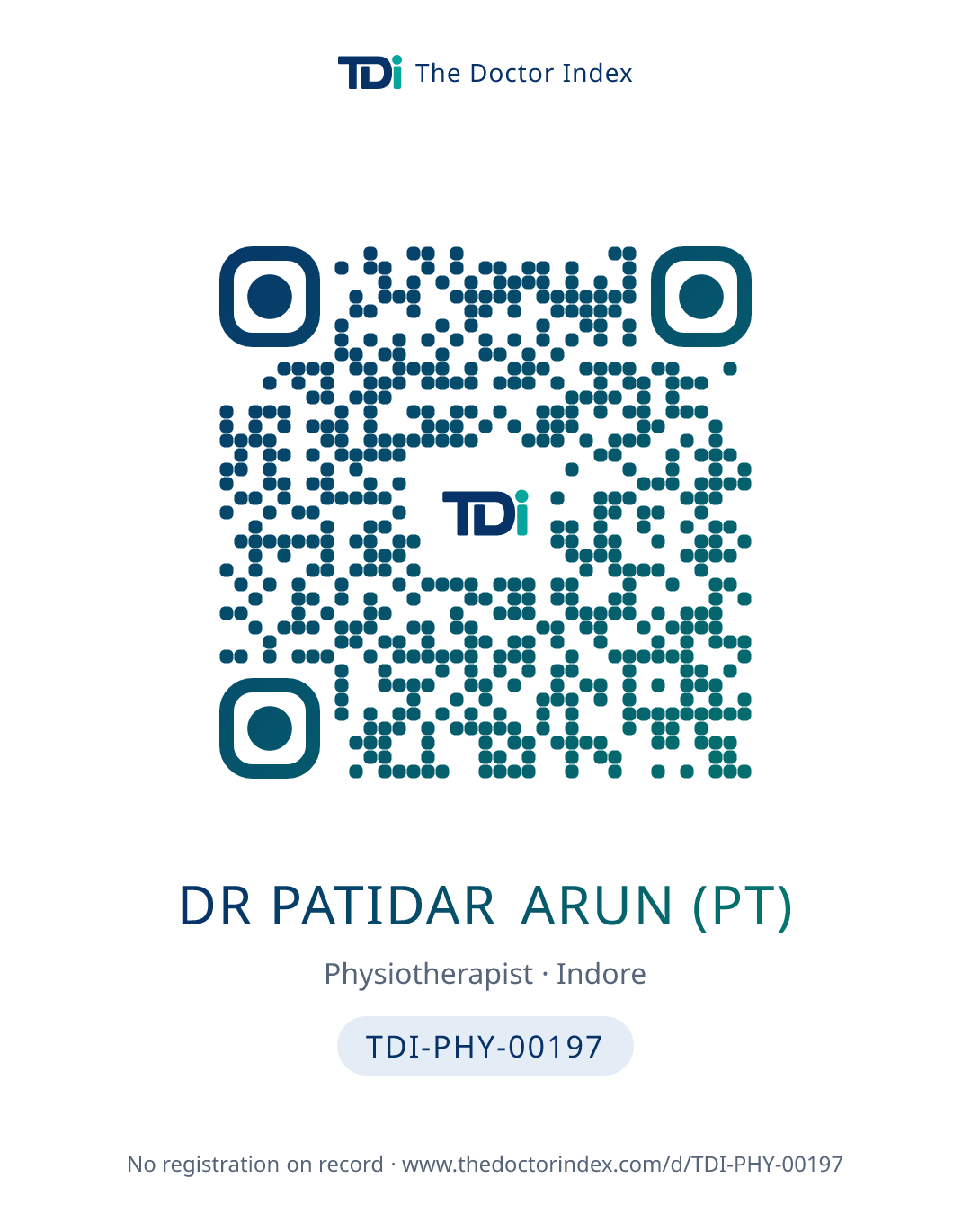 QR card for Dr Patidar Arun (PT), TDI-PHY-00197