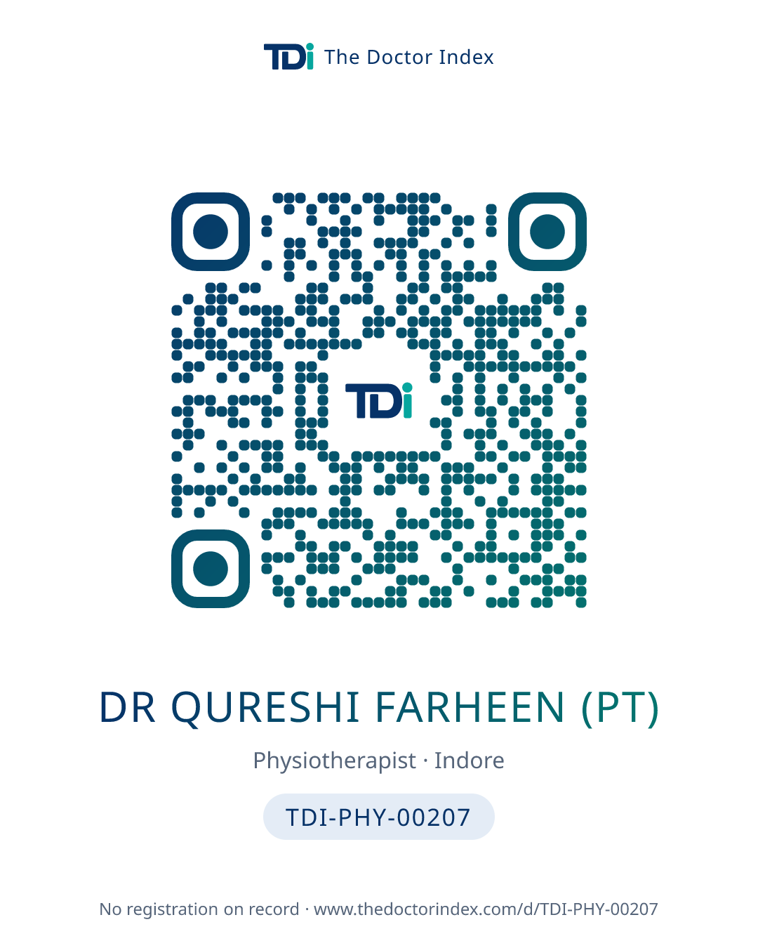 QR card for Dr Qureshi Farheen (PT), TDI-PHY-00207