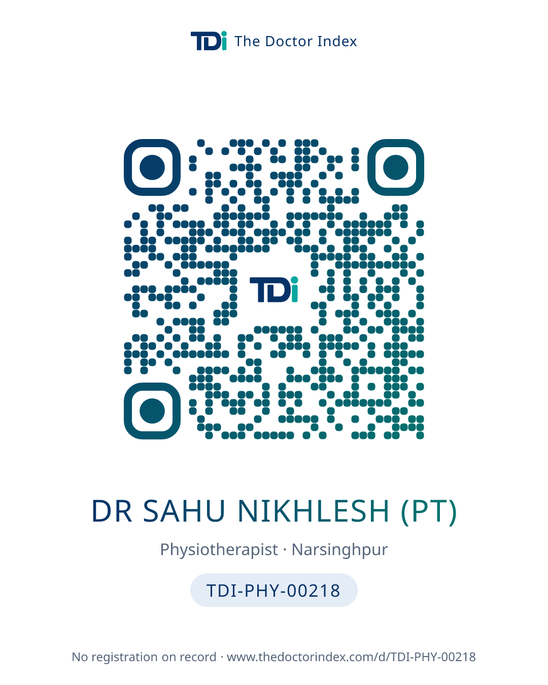 QR card for Dr Sahu Nikhlesh (PT), TDI-PHY-00218
