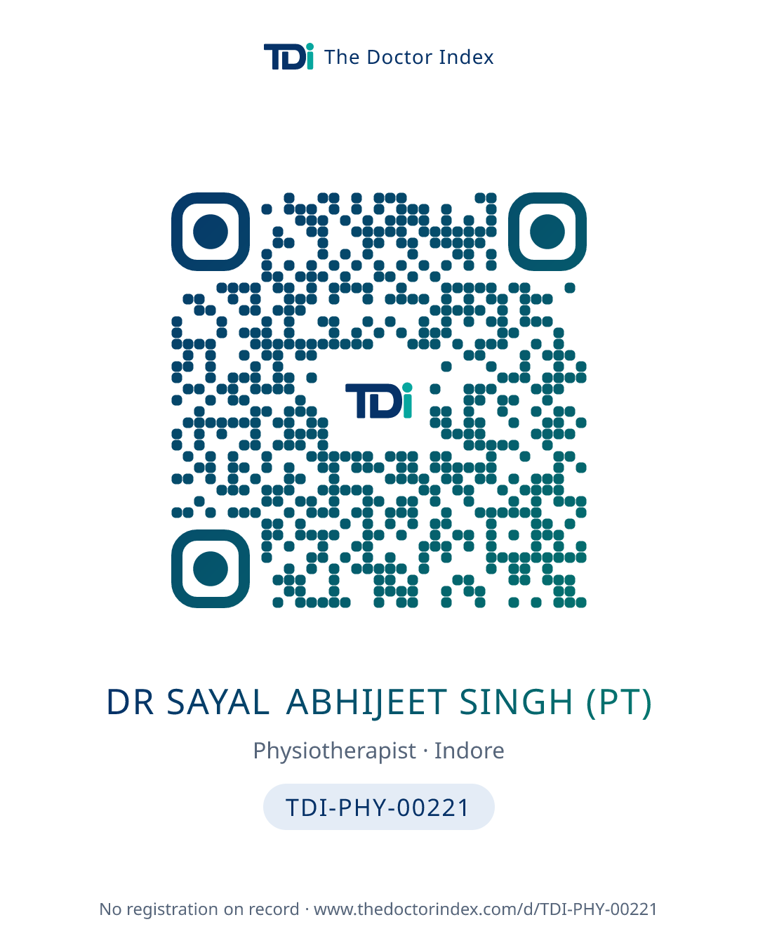 QR card for Dr Sayal Abhijeet Singh (PT), TDI-PHY-00221