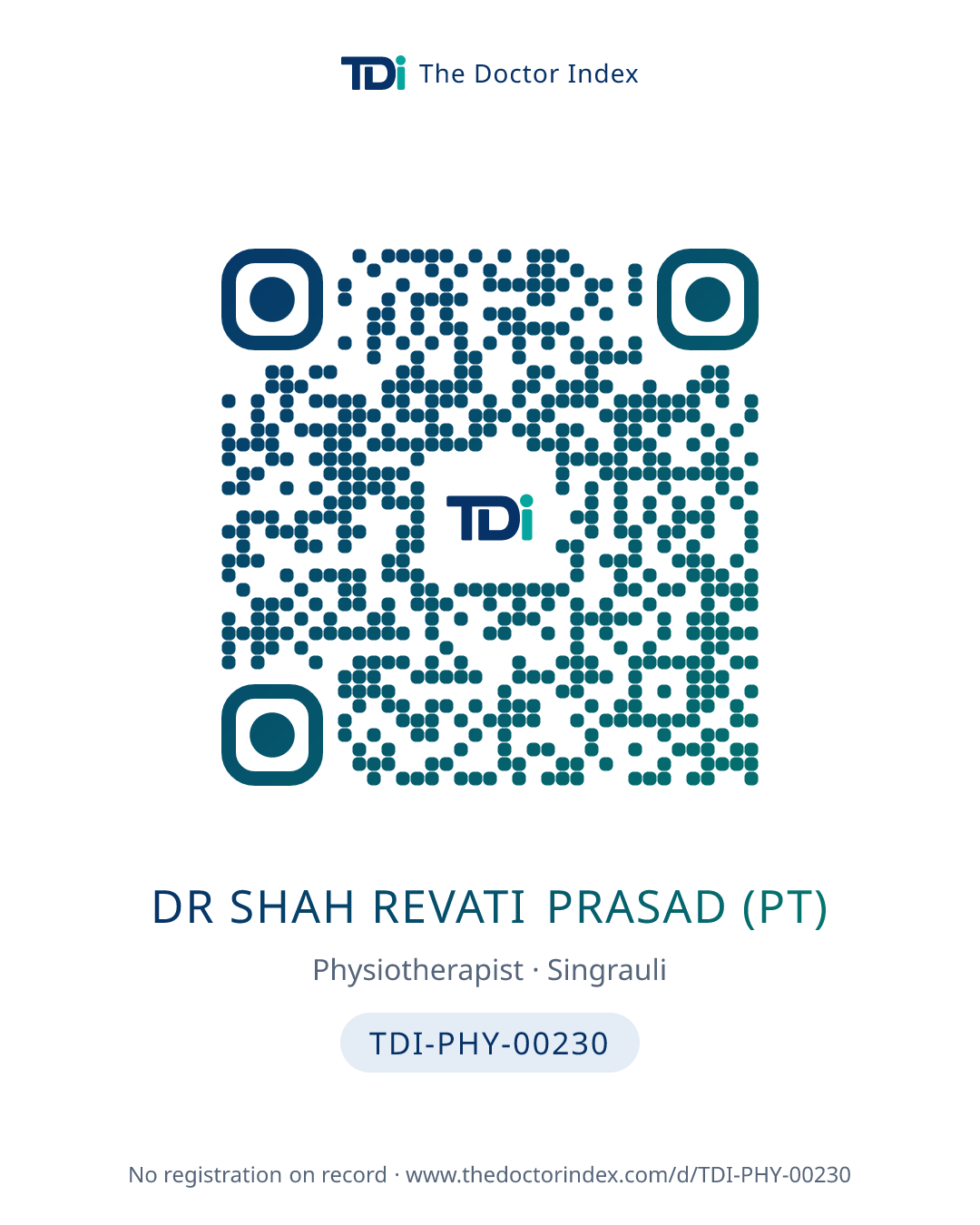 QR card for Dr Shah Revati Prasad (PT), TDI-PHY-00230