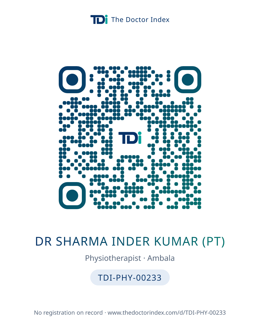 QR card for Dr Sharma Inder Kumar (PT), TDI-PHY-00233