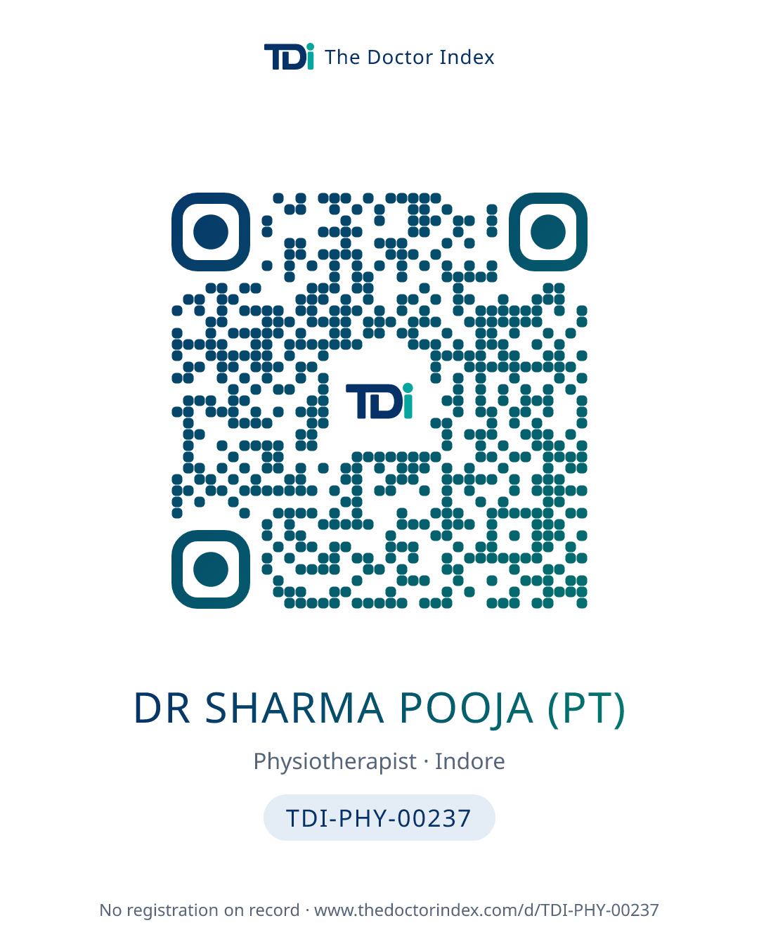 QR card for Dr Sharma Pooja (PT), TDI-PHY-00237