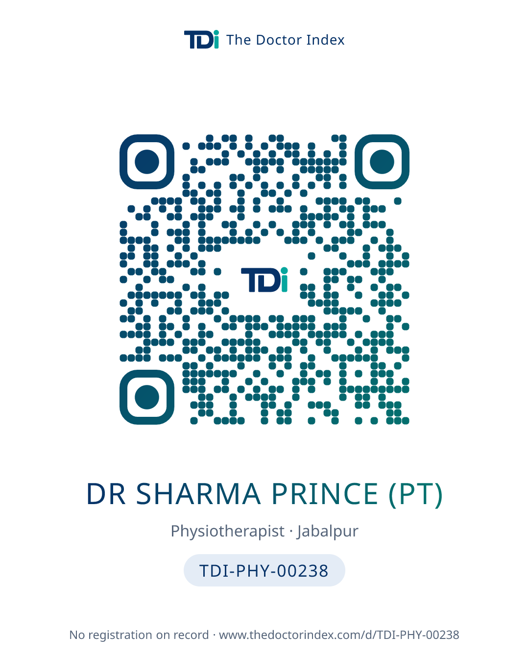 QR card for Dr Sharma Prince (PT), TDI-PHY-00238