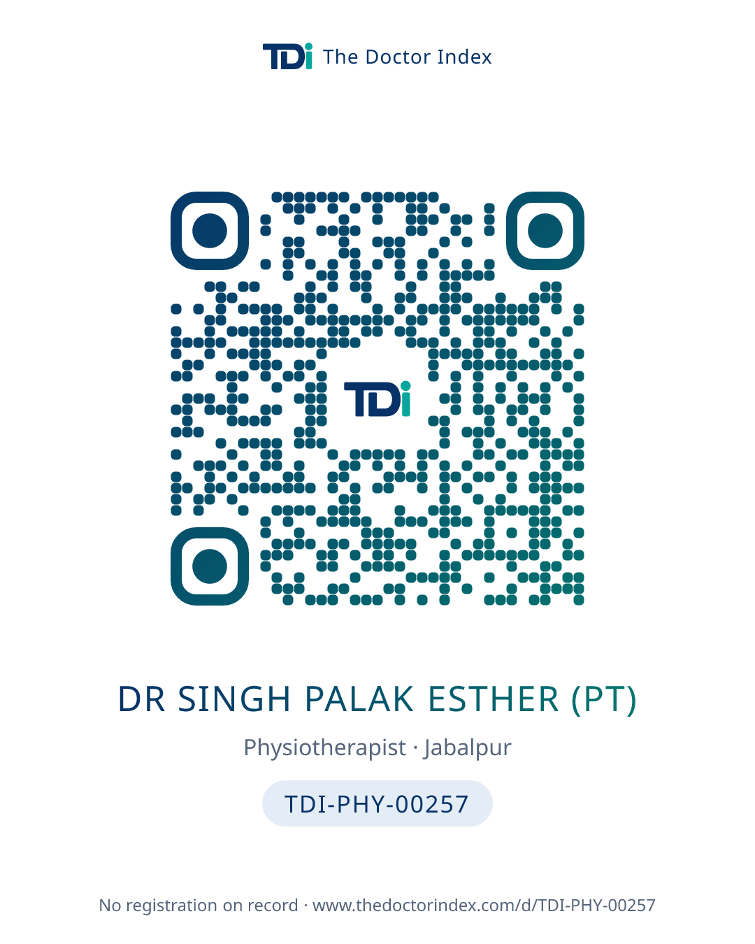 QR card for Dr Singh Palak Esther (PT), TDI-PHY-00257