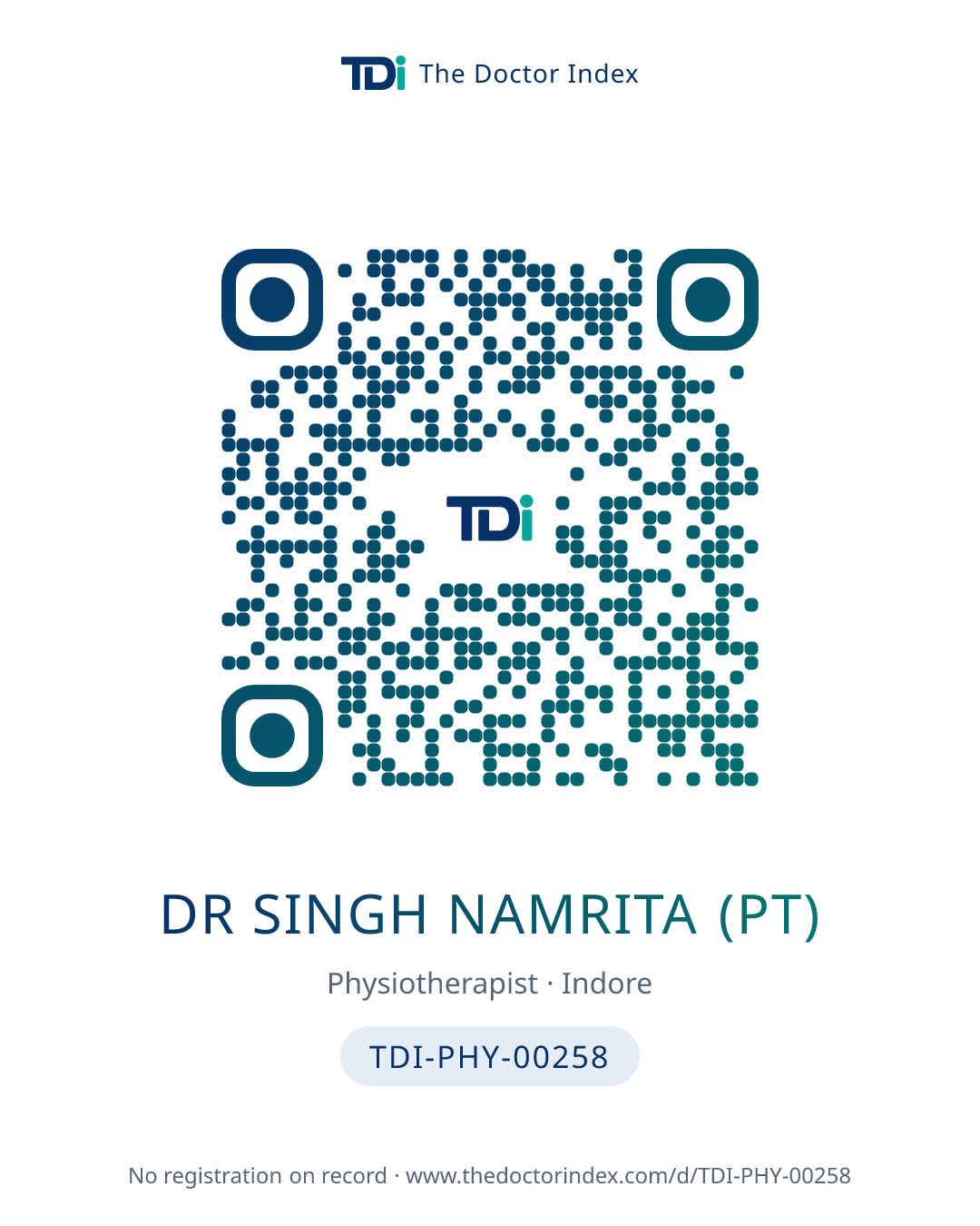 QR card for Dr Singh Namrita (PT), TDI-PHY-00258