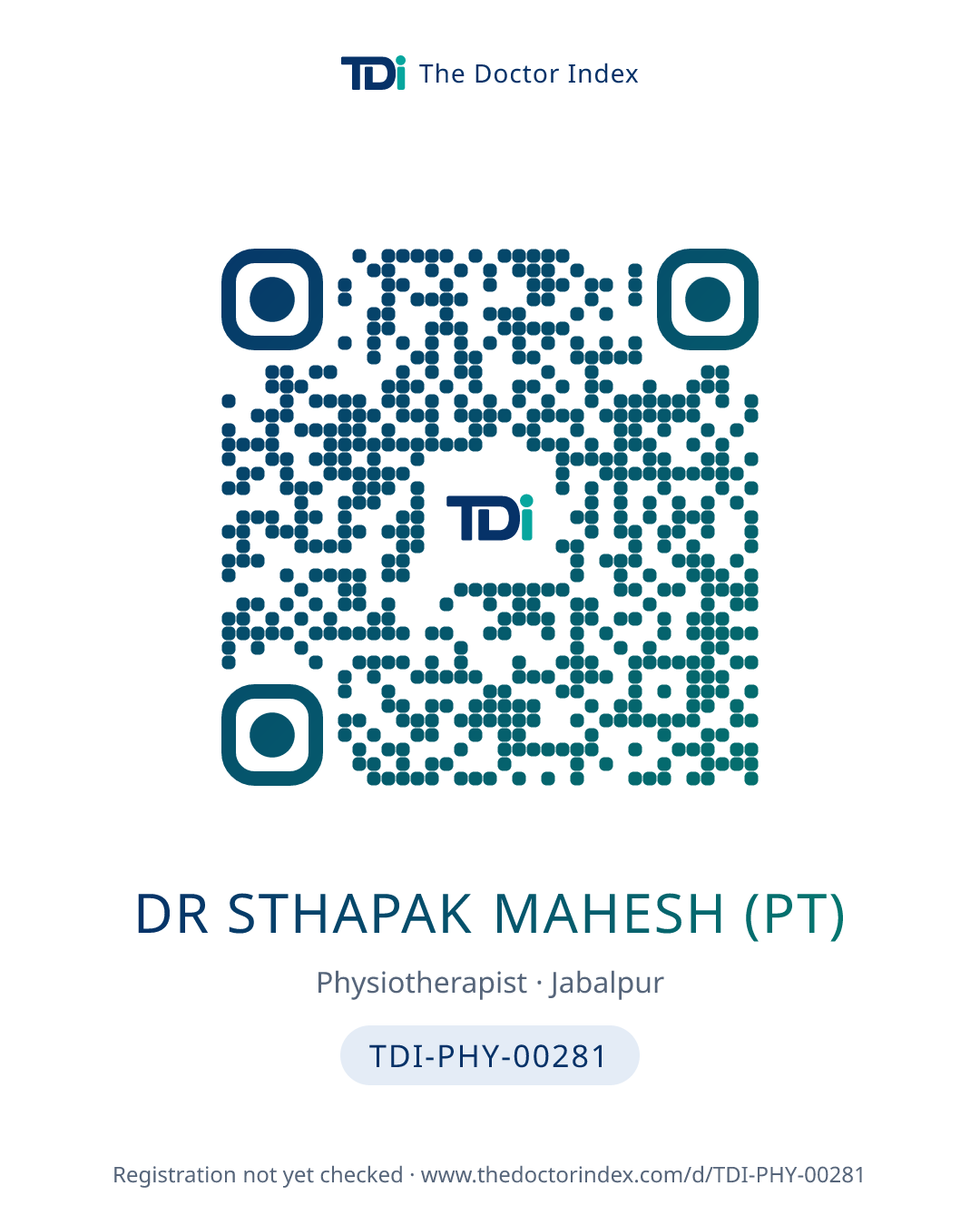 QR card for Dr Sthapak Mahesh (PT), TDI-PHY-00281