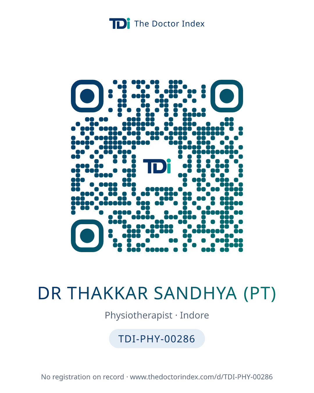 QR card for Dr Thakkar Sandhya (PT), TDI-PHY-00286