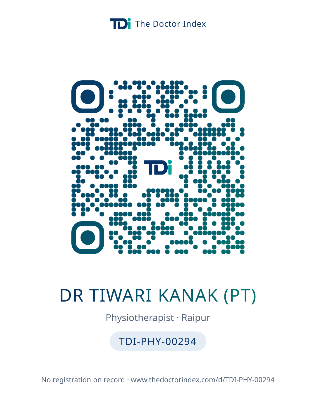 QR card for Dr Tiwari Kanak (PT), TDI-PHY-00294