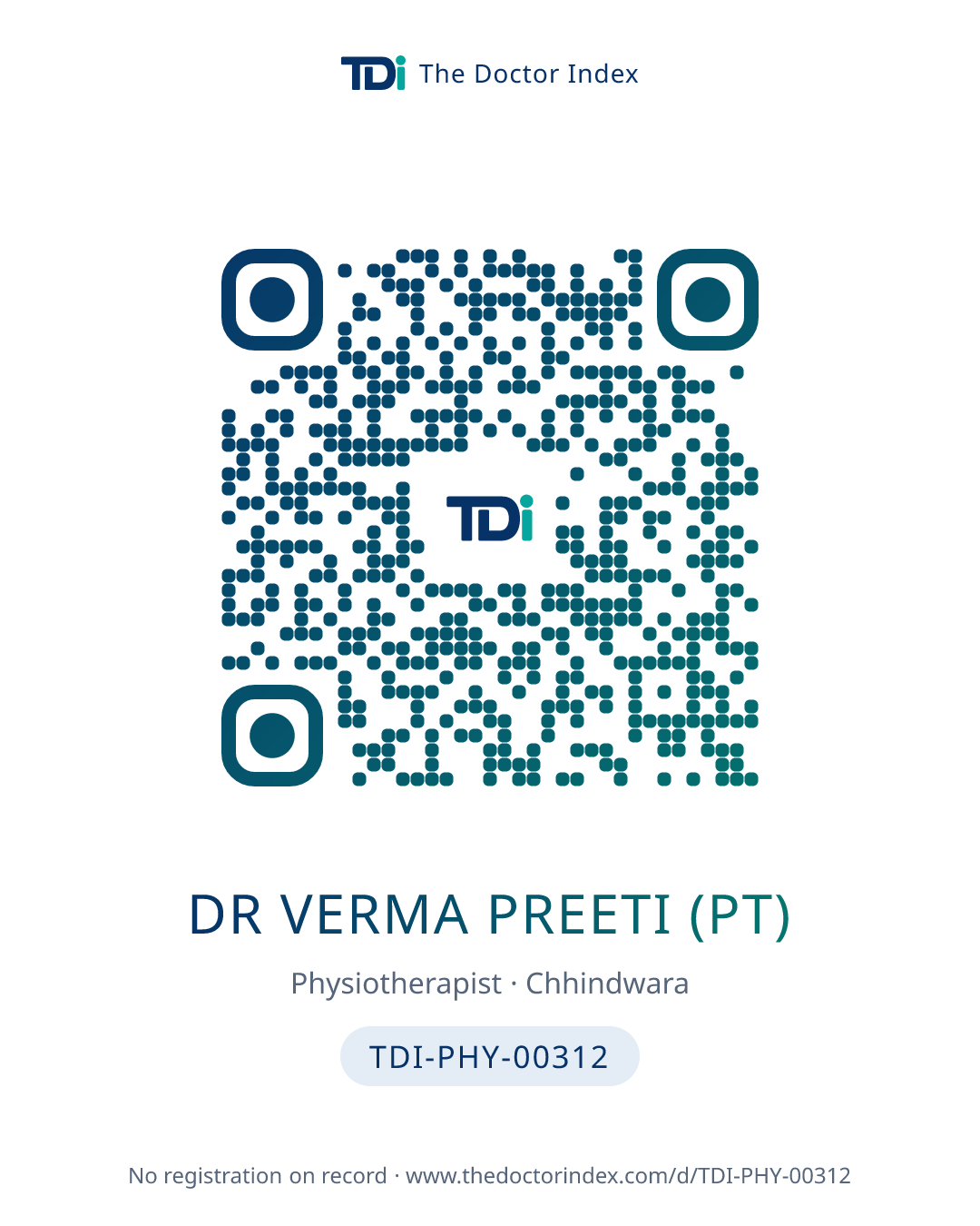 QR card for Dr Verma Preeti (PT), TDI-PHY-00312