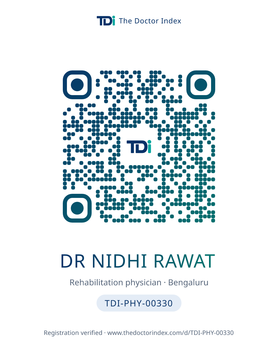QR card for Dr Nidhi Rawat, TDI-PHY-00330