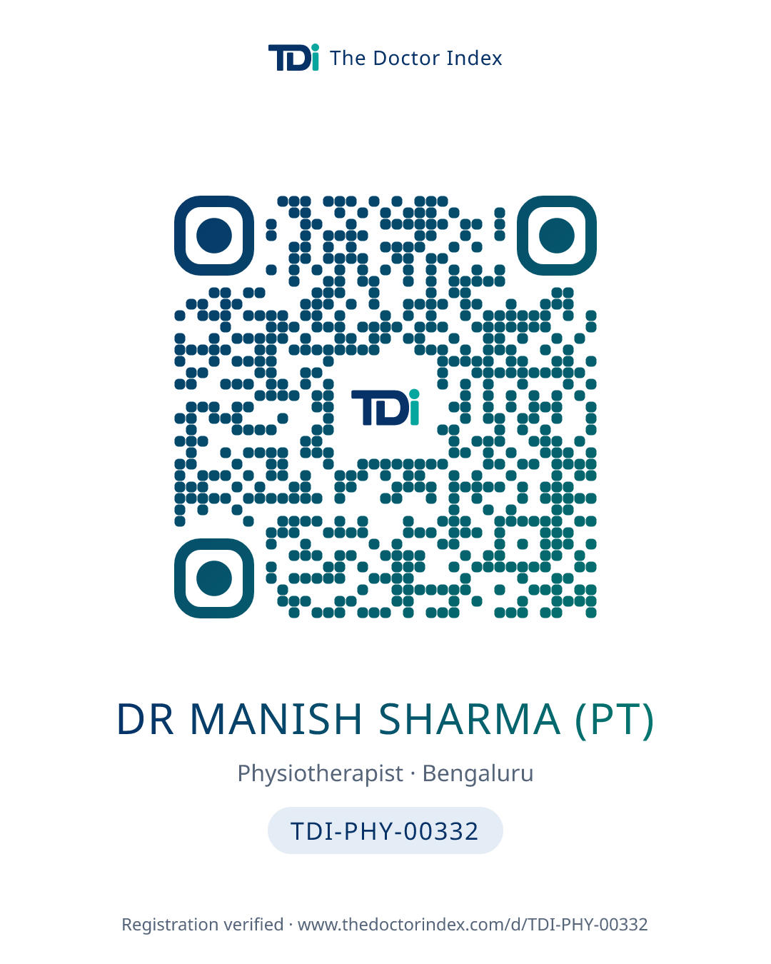 QR card for Dr Manish Sharma (PT), TDI-PHY-00332