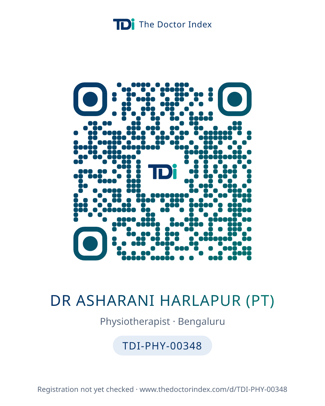 QR card for Dr Asharani Harlapur (PT), TDI-PHY-00348