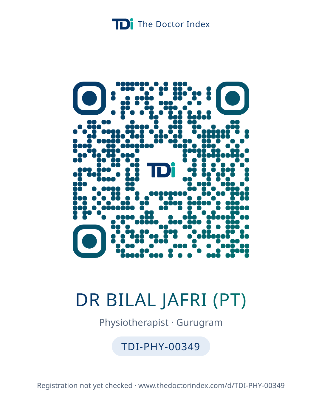 QR card for Dr Bilal Jafri (PT), TDI-PHY-00349