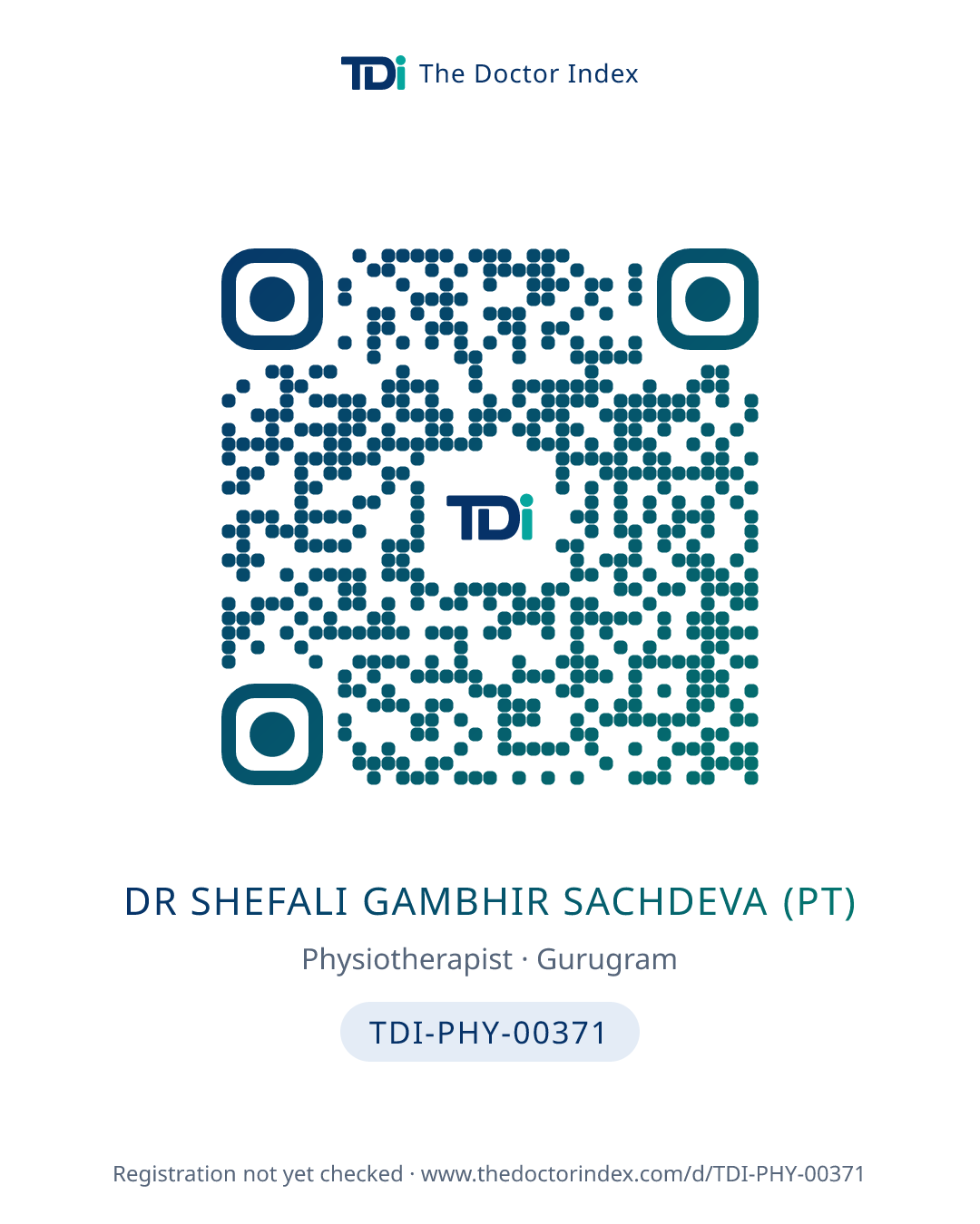 QR card for Dr Shefali Gambhir Sachdeva (PT), TDI-PHY-00371
