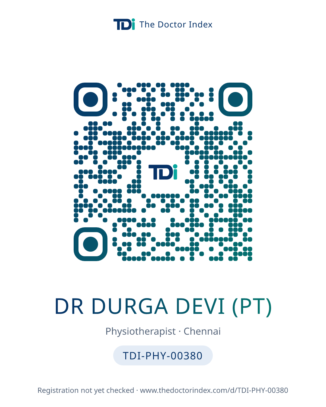 QR card for Dr Durga Devi (PT), TDI-PHY-00380