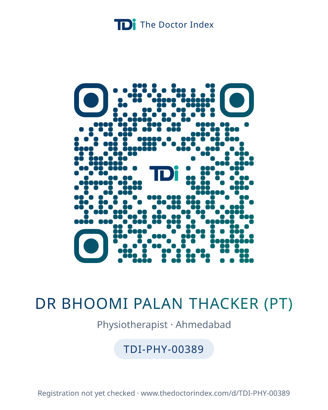QR card for Dr Bhoomi Palan Thacker (PT), TDI-PHY-00389